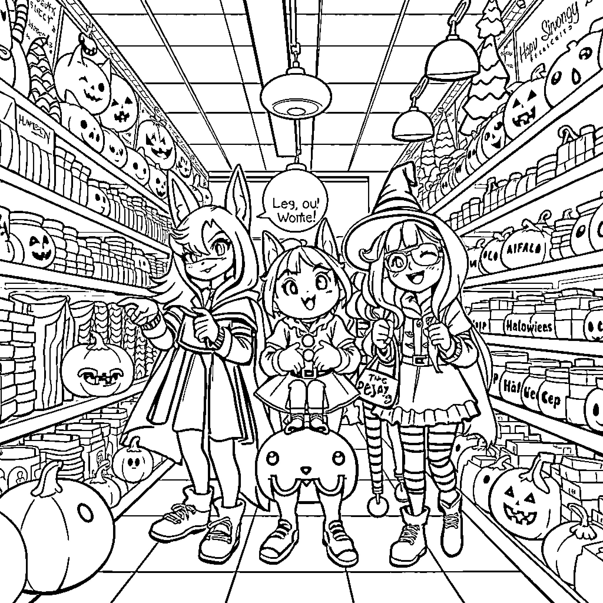 Huntrix Explore the Spooky Halloween Supermarket Coloring Page (free black-and-white line drawing printable PDF for all, from beginners to advanced learners, including children, teens, adults, and seniors)