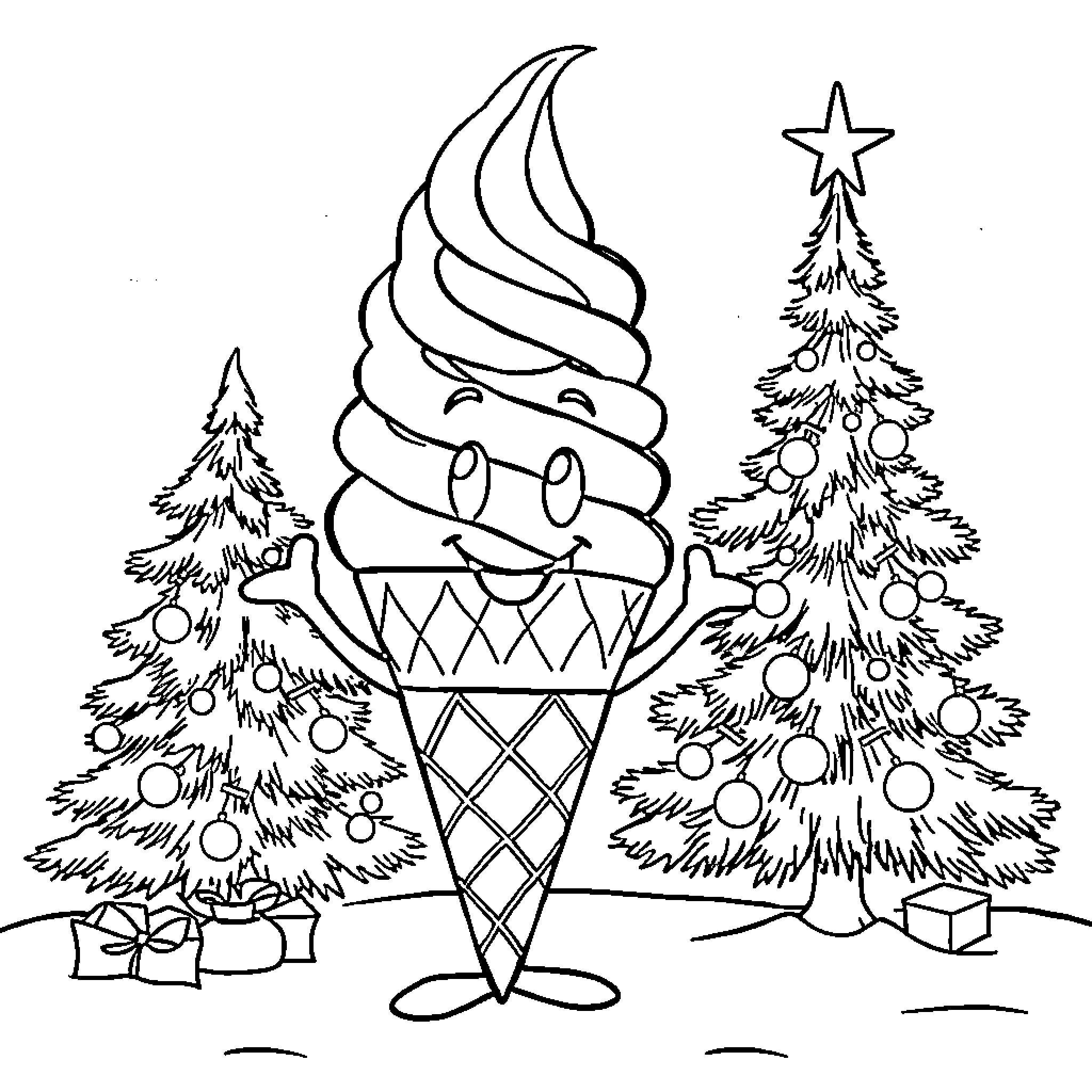 Ice Cream Cone Enjoying Festive Christmas Scene Coloring Page (free black-and-white line drawing printable PDF for all, from beginners to advanced learners, including children, teens, adults, and seniors)