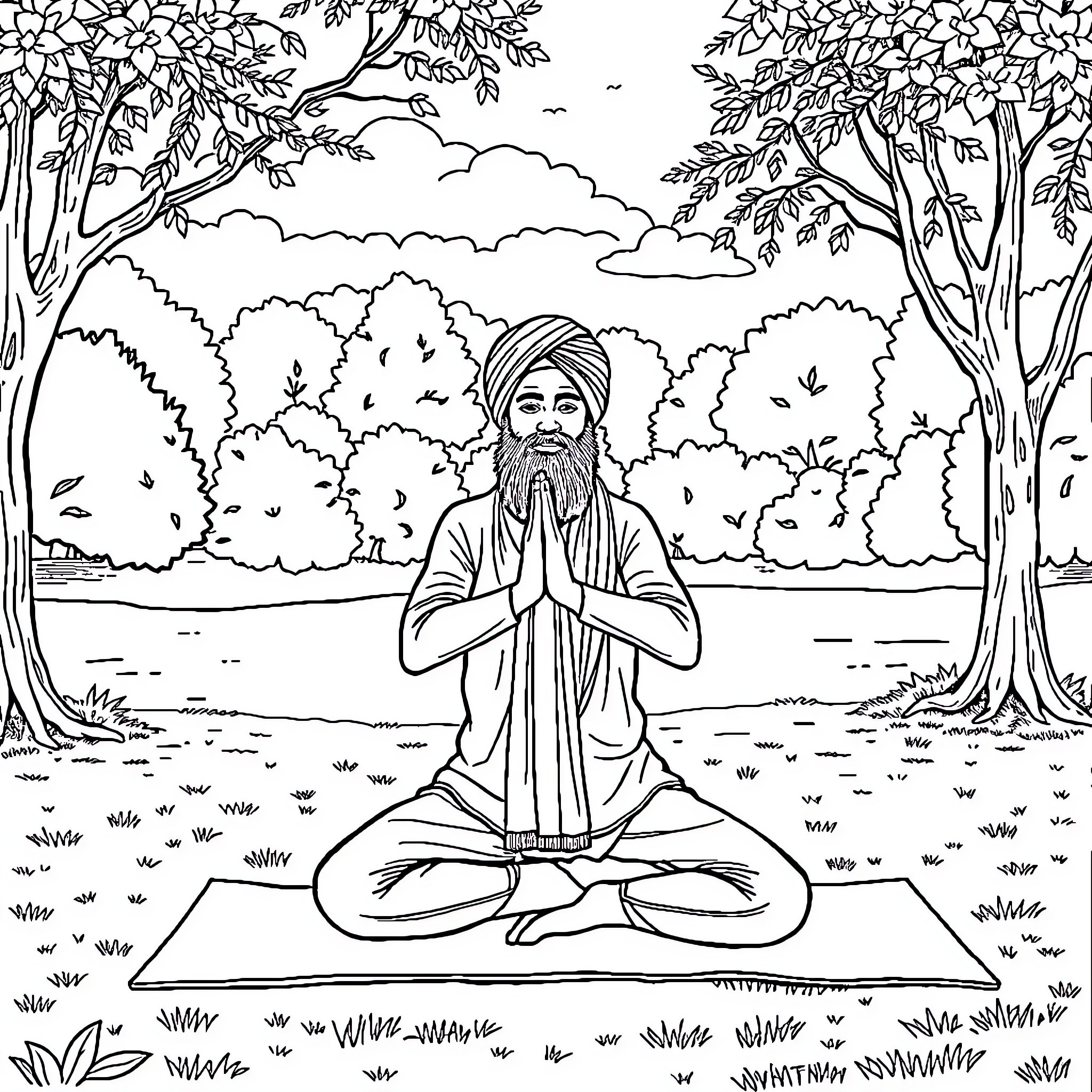 Sikh Man Meditating in Serene Nature Landscape Coloring Page (free black-and-white line drawing printable PDF for all, from beginners to advanced learners, including children, teens, adults, and seniors)