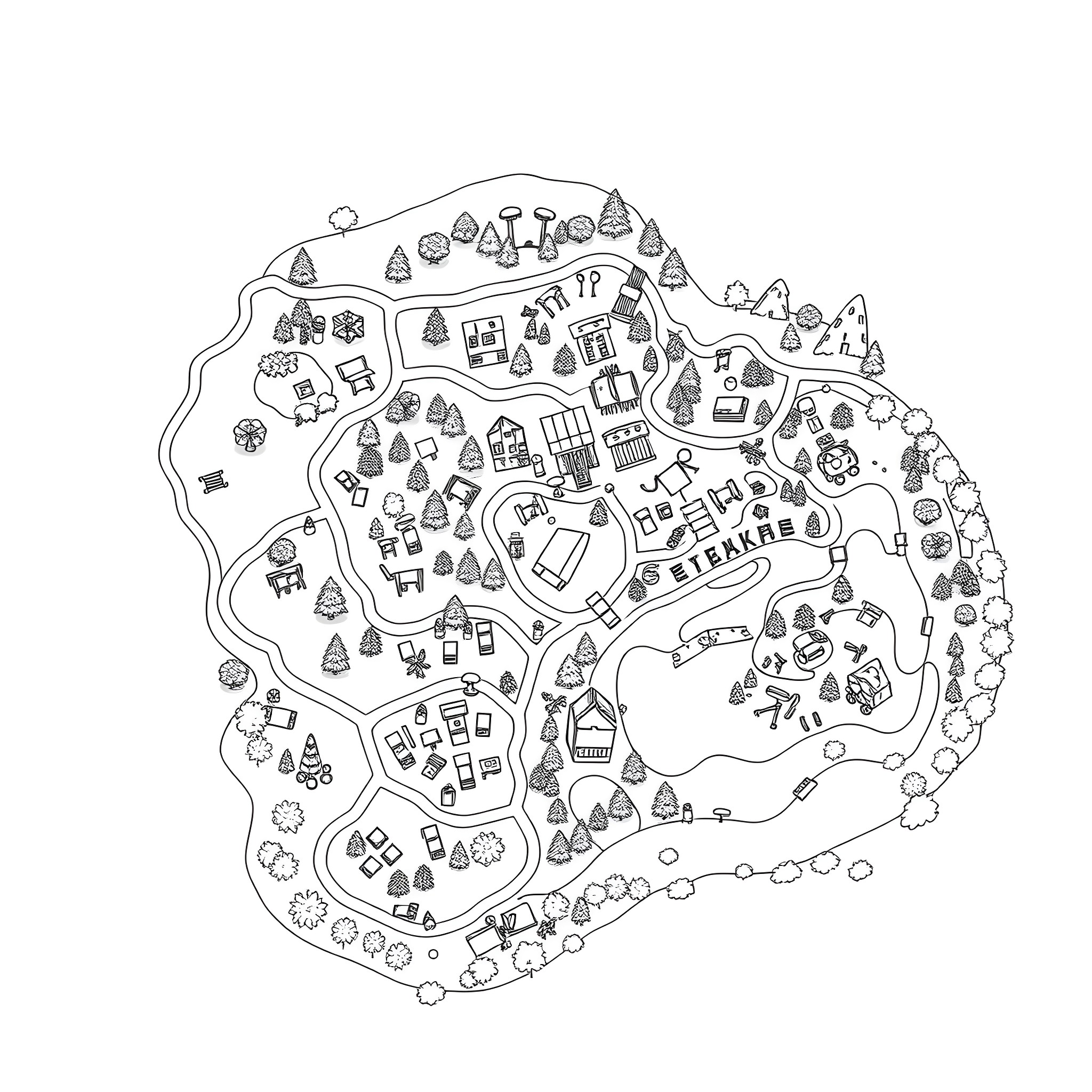 Map of a whimsical fantasy world with various structures and elements Coloring Page (free black-and-white line drawing printable PDF for all, from beginners to advanced learners, including children, teens, adults, and seniors)