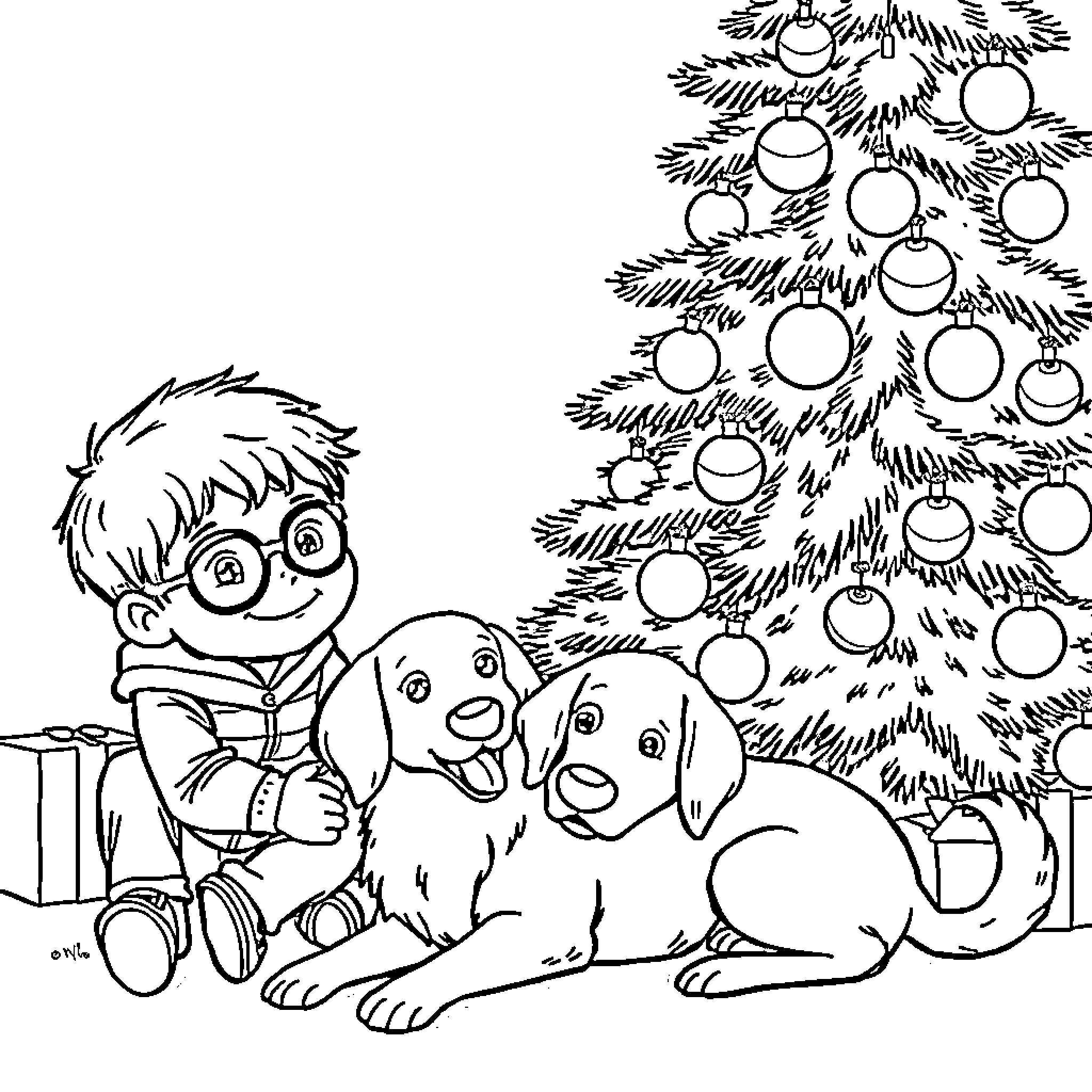 Boy celebrates Christmas with his pets Coloring Page (free black-and-white line drawing printable PDF for all, from beginners to advanced learners, including children, teens, adults, and seniors)