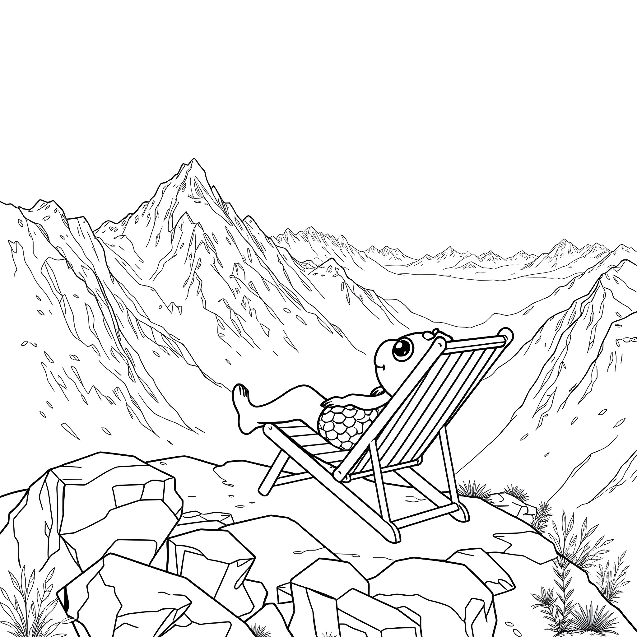 Blowfish relaxing in mountain landscape Coloring Page (free black-and-white line drawing printable PDF for all, from beginners to advanced learners, including children, teens, adults, and seniors)