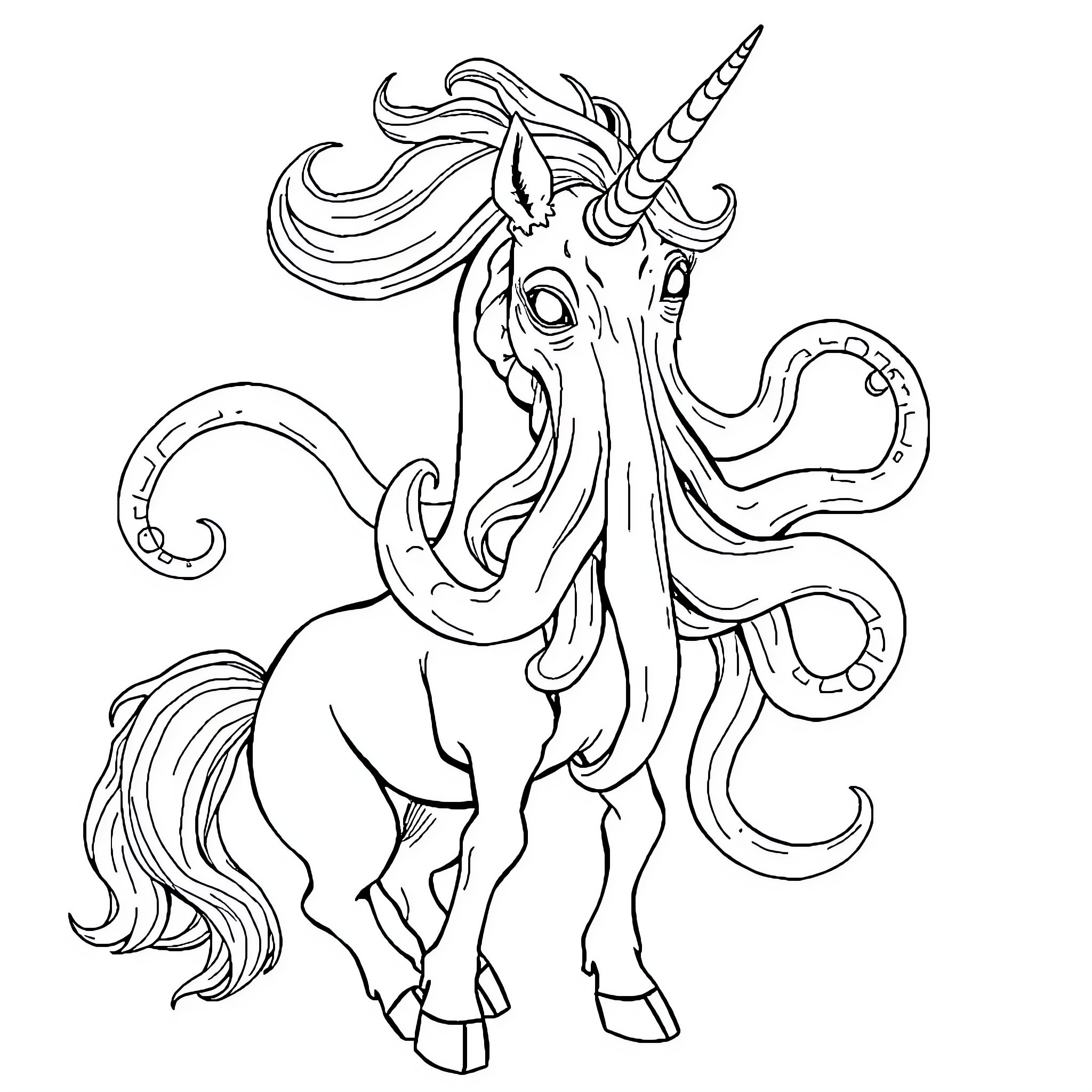Unicorn Cthulhu battling mystical creature Coloring Page (free black-and-white line drawing printable PDF for all, from beginners to advanced learners, including children, teens, adults, and seniors)