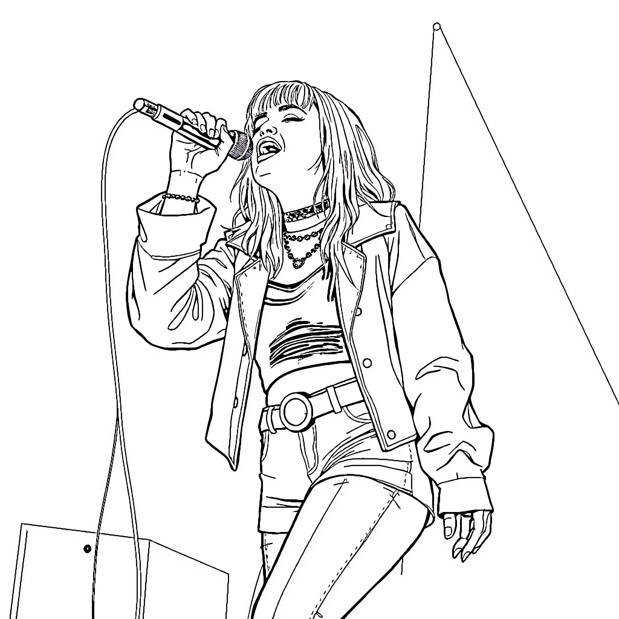 Billie Eilish performing on stage with a microphone Coloring Page (free black-and-white line drawing printable PDF for all, from beginners to advanced learners, including children, teens, adults, and seniors)