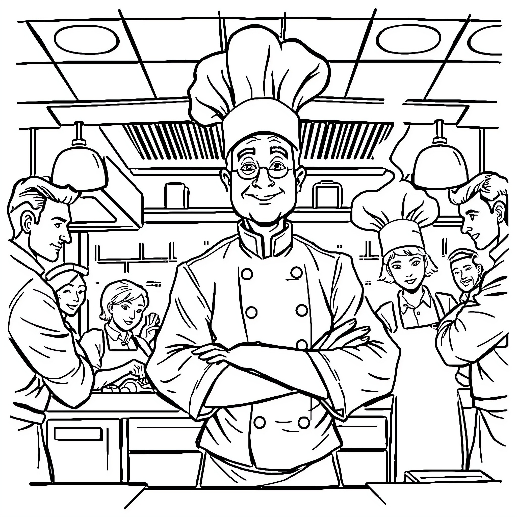 Chef leading a team in the restaurant kitchen Coloring Page (free black-and-white line drawing printable PDF for all, from beginners to advanced learners, including children, teens, adults, and seniors)
