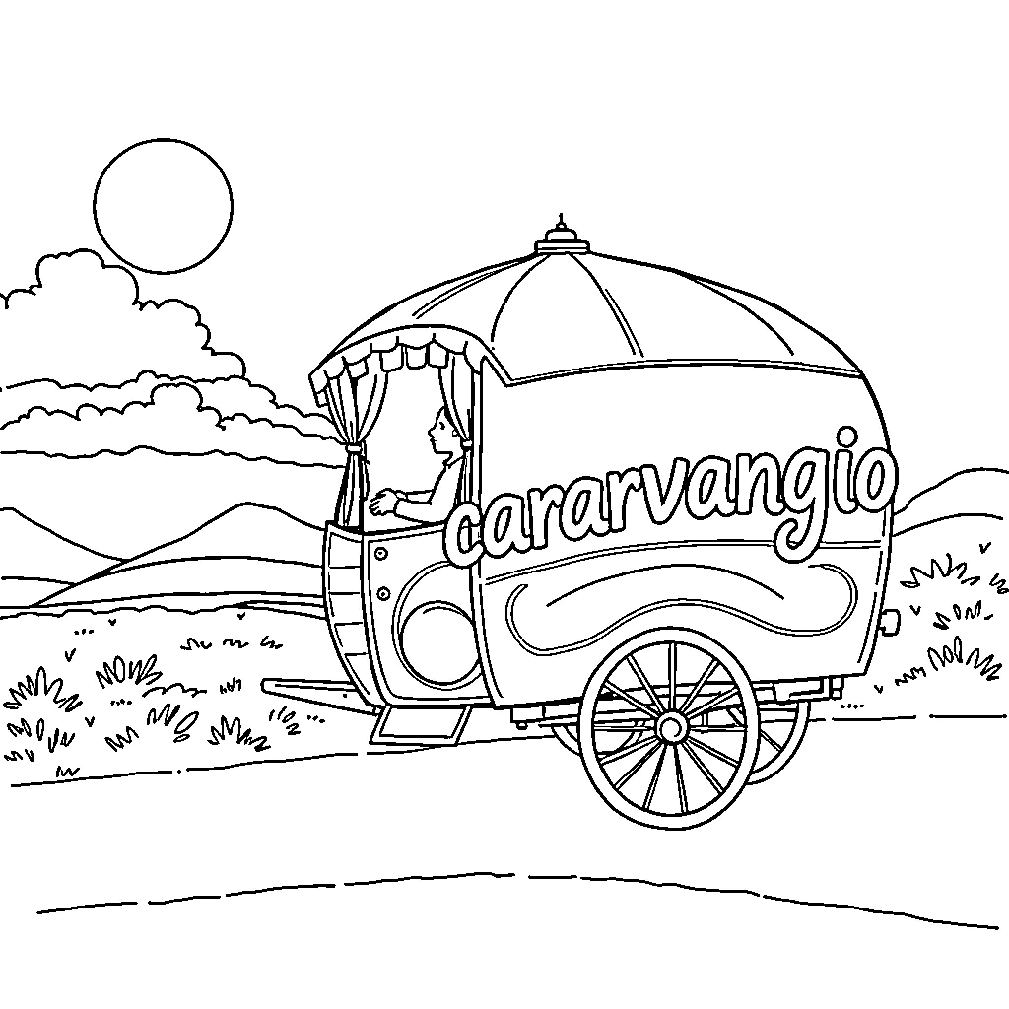 Caravan traveling through the countryside Coloring Page (free black-and-white line drawing printable PDF for all, from beginners to advanced learners, including children, teens, adults, and seniors)