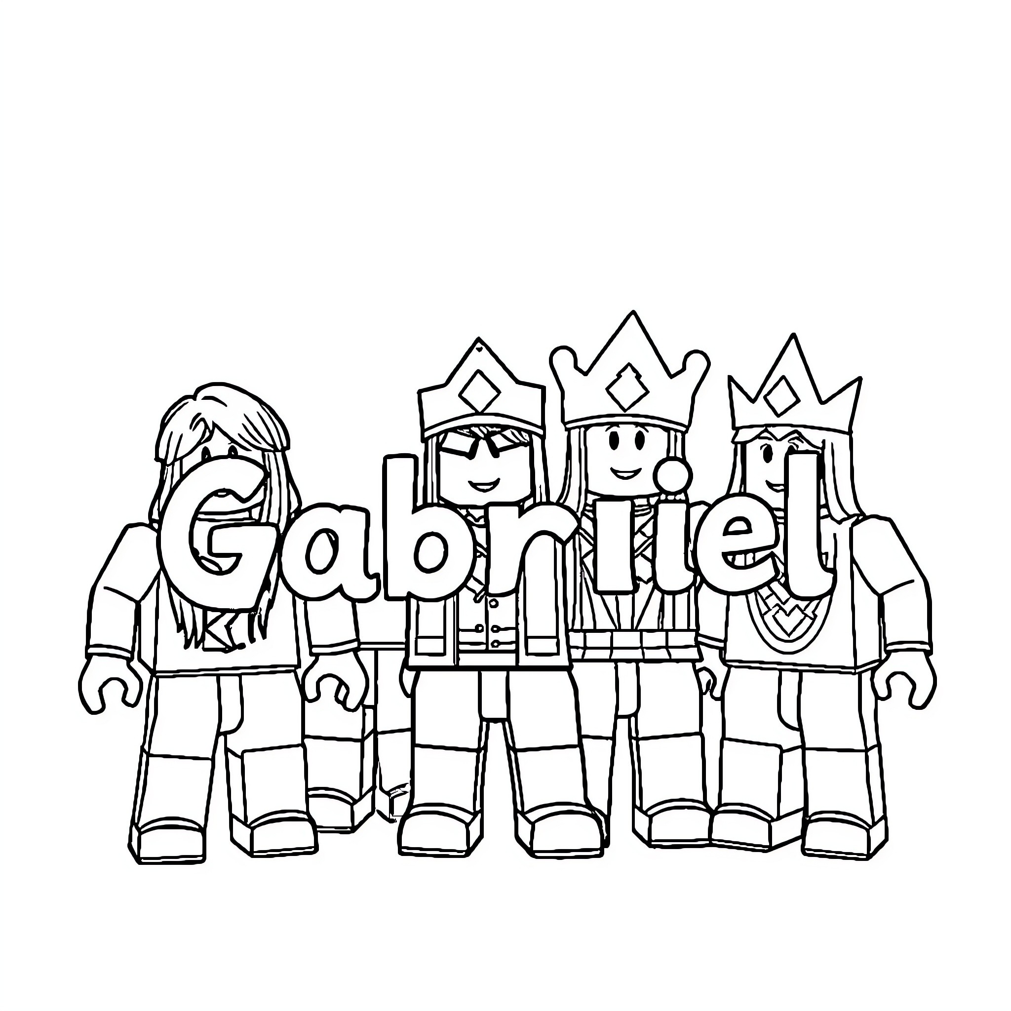 Roblox Character Group Posing Together Coloring Page (free black-and-white line drawing printable PDF for all, from beginners to advanced learners, including children, teens, adults, and seniors)