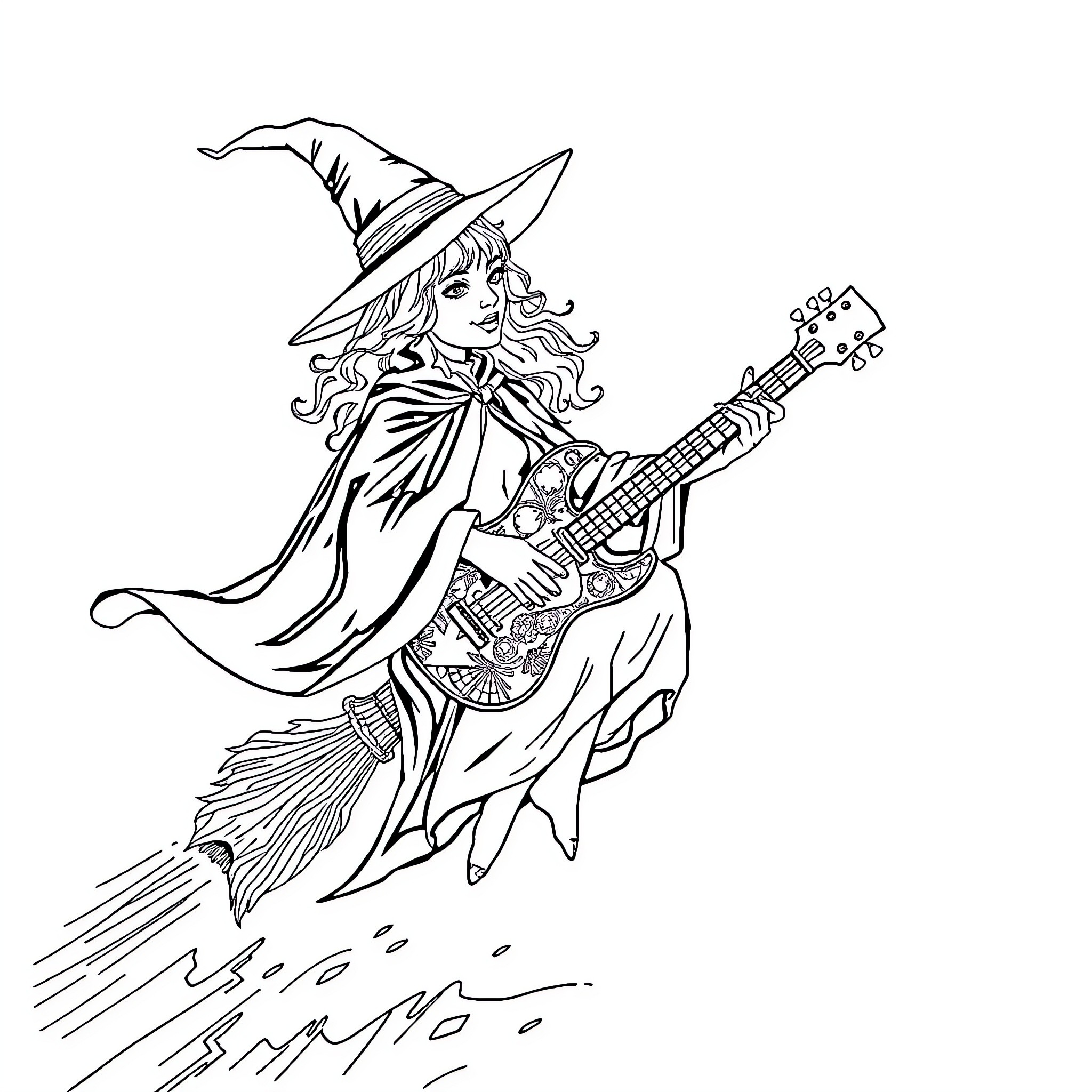 Witch Playing a Magical Guitar Coloring Page (free black-and-white line drawing printable PDF for all, from beginners to advanced learners, including children, teens, adults, and seniors)