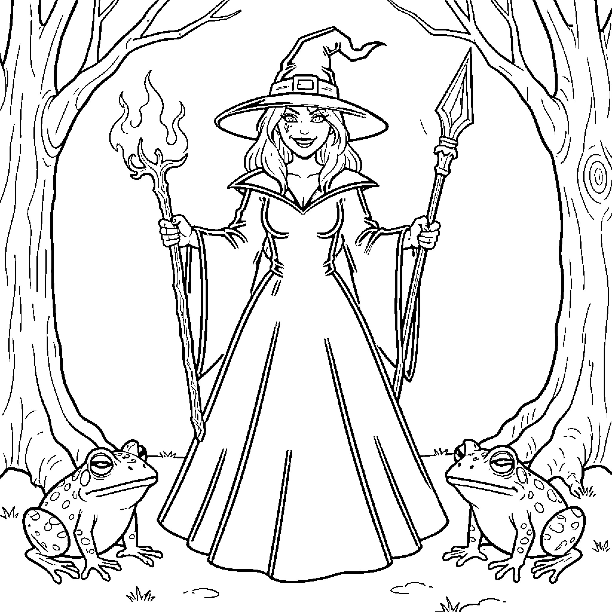 Witch standing between trees holding magical staffs Coloring Page (free black-and-white line drawing printable PDF for all, from beginners to advanced learners, including children, teens, adults, and seniors)