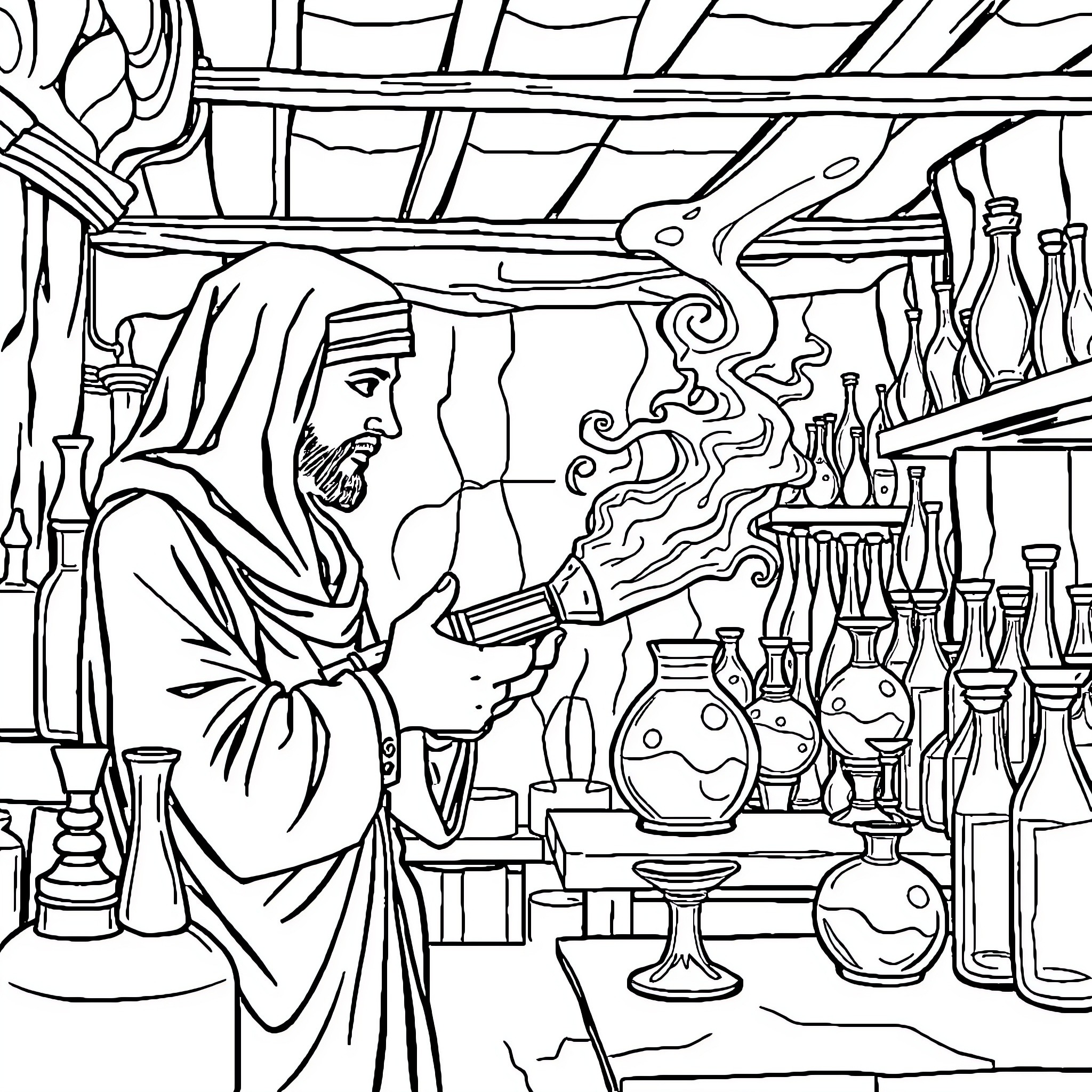 Glass Blower Crafting Intricate Glassware in His Workshop Coloring Page (free black-and-white line drawing printable PDF for all, from beginners to advanced learners, including children, teens, adults, and seniors)