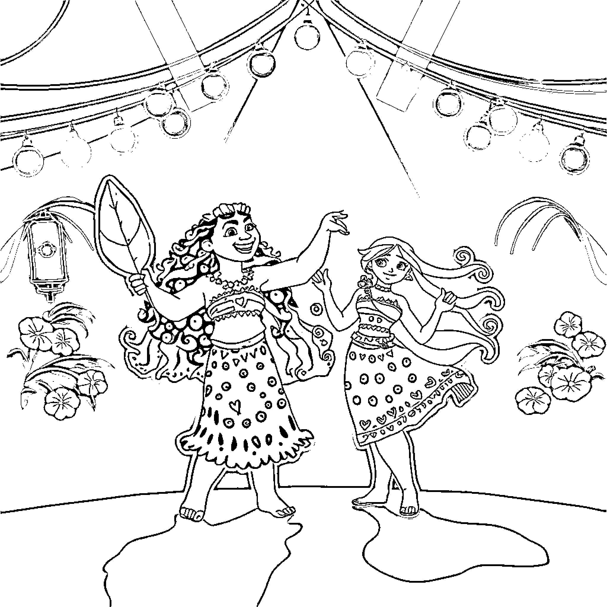 Characters performing on stage in colorful outfits Coloring Page (free black-and-white line drawing printable PDF for all, from beginners to advanced learners, including children, teens, adults, and seniors)