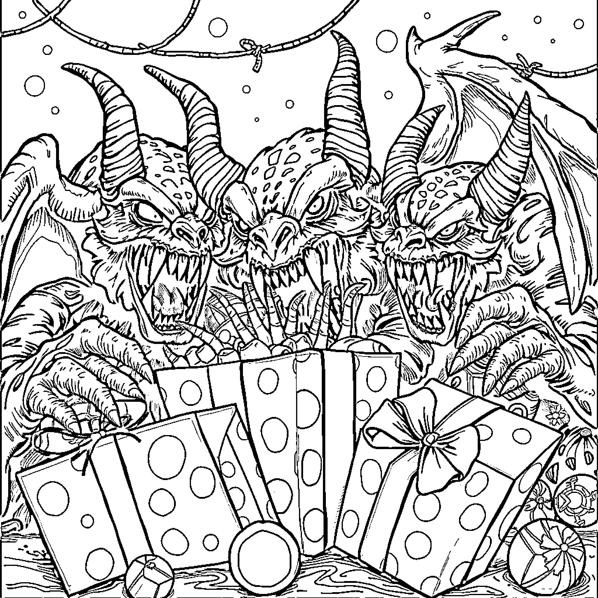 Creature of the Deep Emerging from Surreal Landscape Coloring Page (free black-and-white line drawing printable PDF for all, from beginners to advanced learners, including children, teens, adults, and seniors)