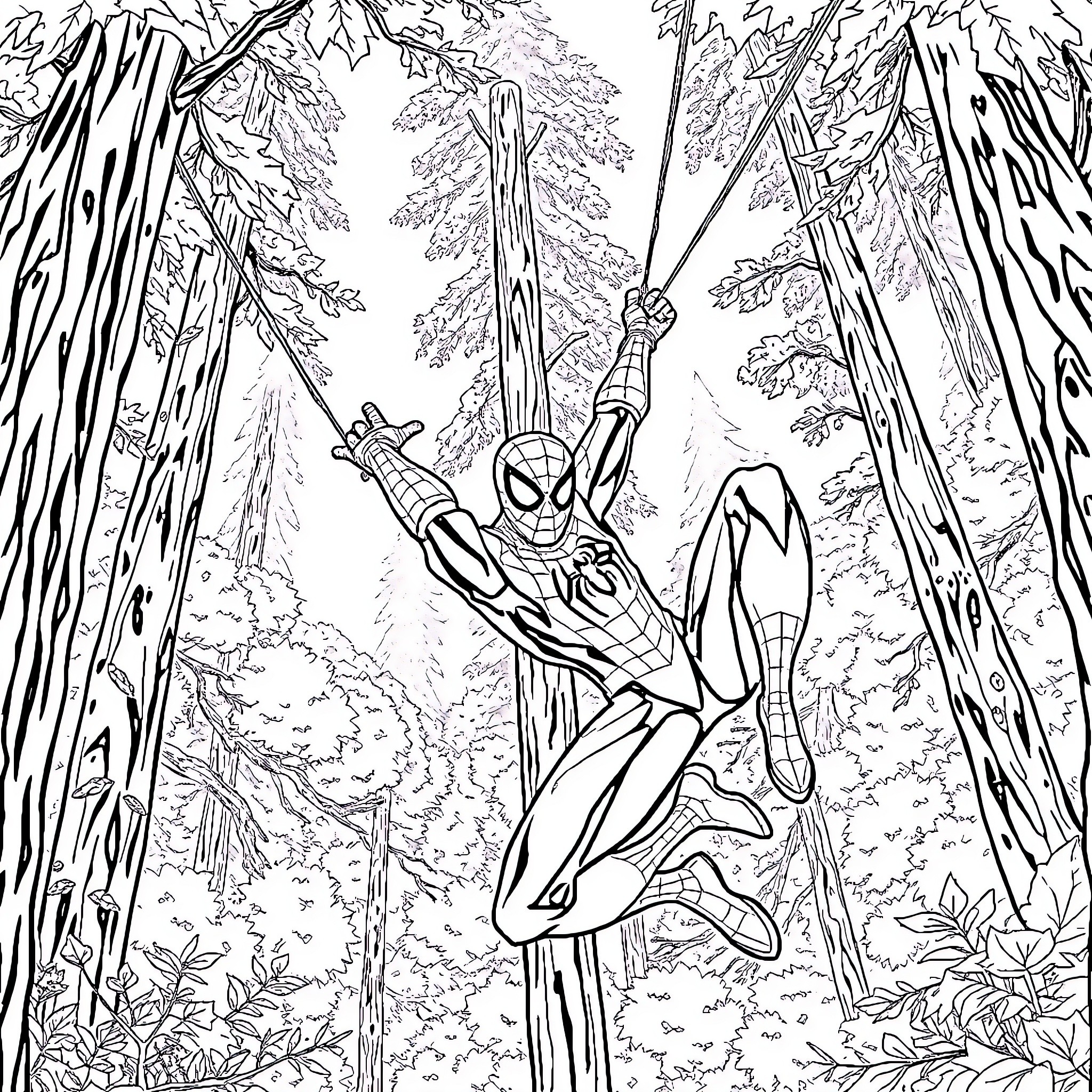 Spider-Man swinging through a forest Coloring Page (free black-and-white line drawing printable PDF for all, from beginners to advanced learners, including children, teens, adults, and seniors)