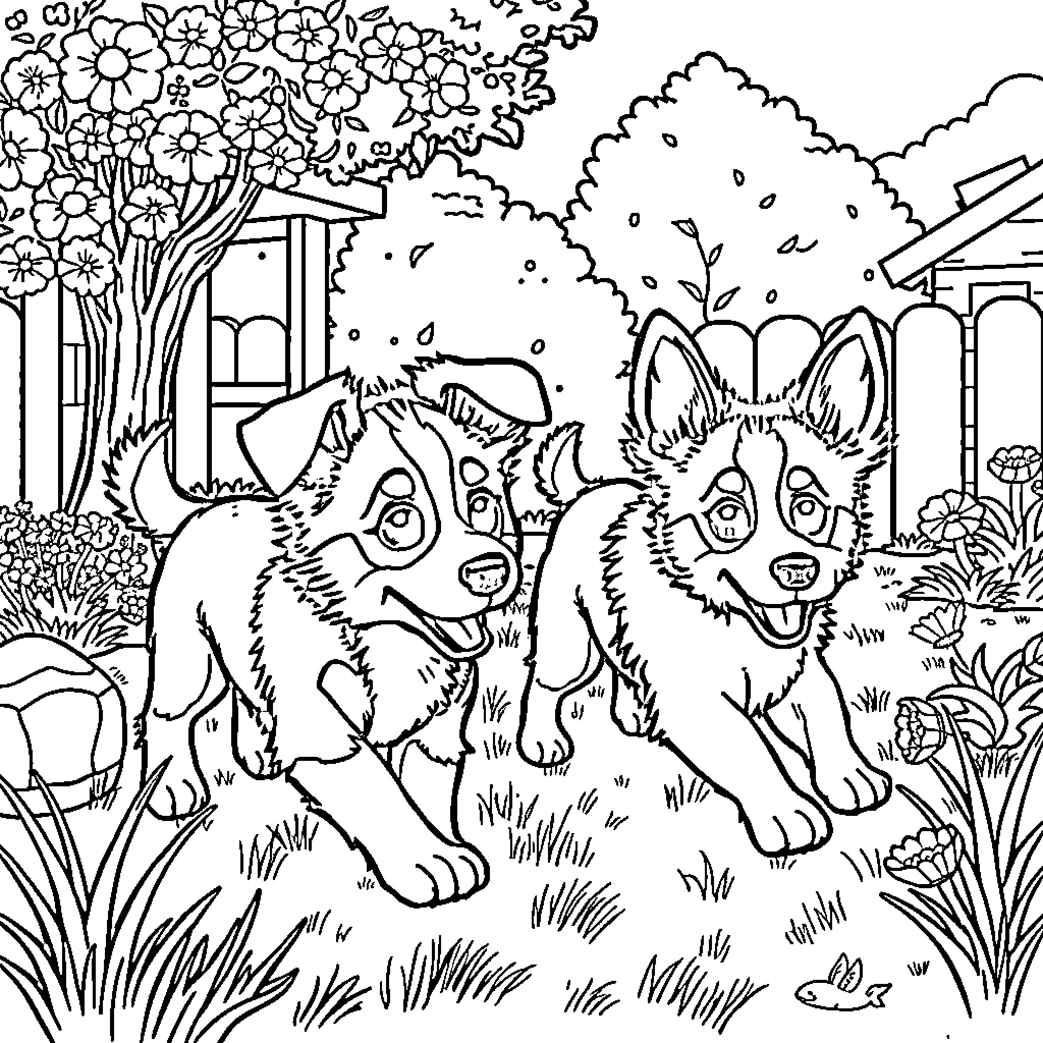 Bluey playing happily with friends in the garden Coloring Page (free black-and-white line drawing printable PDF for all, from beginners to advanced learners, including children, teens, adults, and seniors)