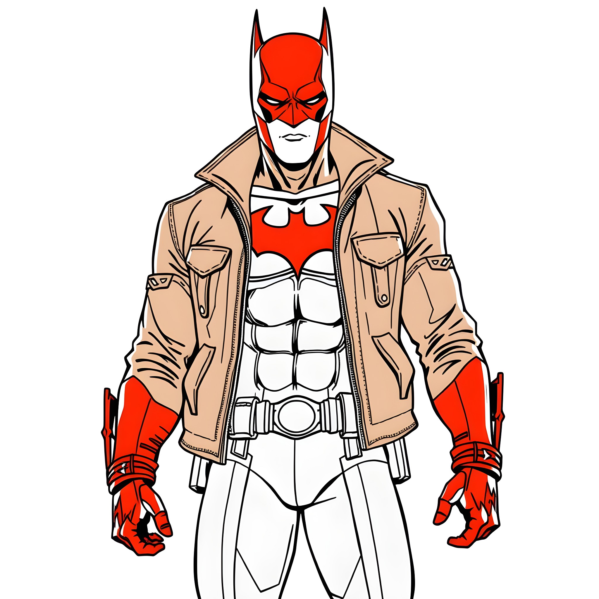Red Hood hero in beige trenchcoat and combat gear Coloring Page (free black-and-white line drawing printable PDF for all, from beginners to advanced learners, including children, teens, adults, and seniors)