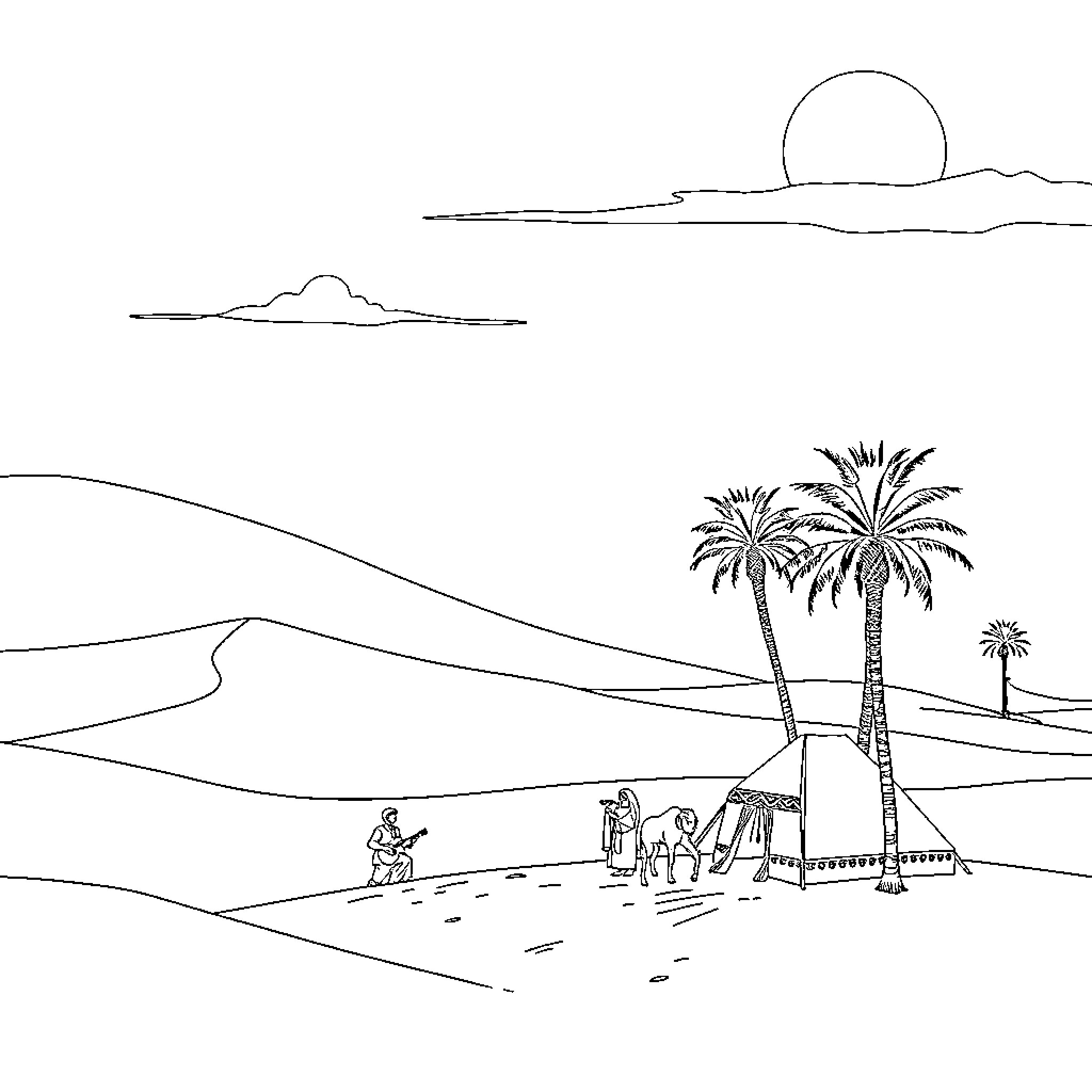Sahara desert scene with palm trees and people Coloring Page (free black-and-white line drawing printable PDF for all, from beginners to advanced learners, including children, teens, adults, and seniors)