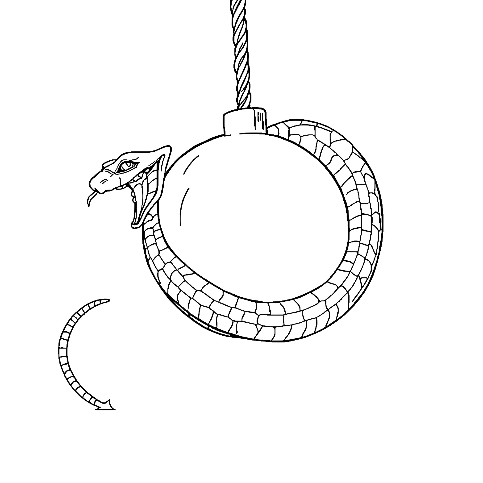 Snake coiled around a hanging noose Coloring Page (free black-and-white line drawing printable PDF for all, from beginners to advanced learners, including children, teens, adults, and seniors)