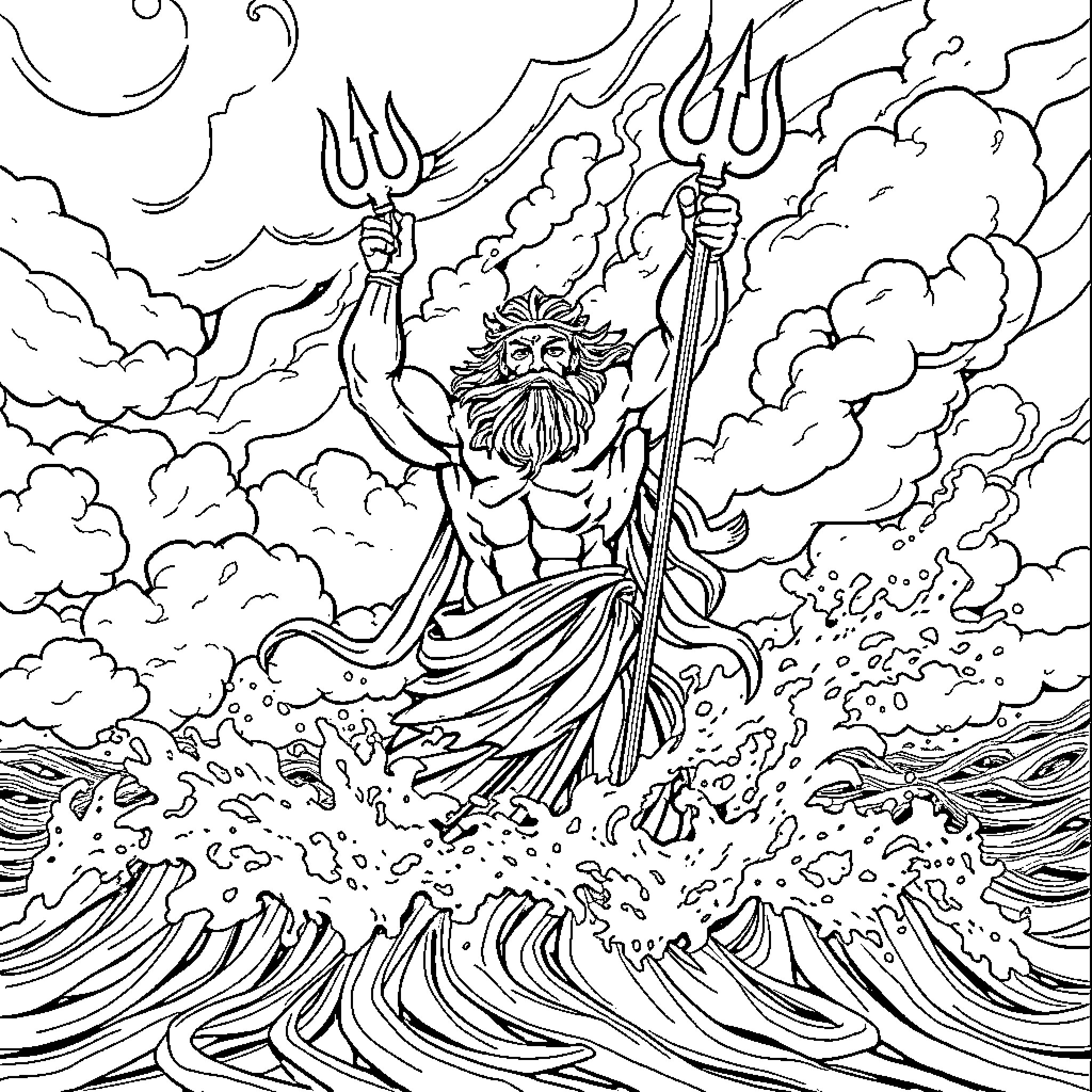 Poseidon commanding the seas with mighty trident Coloring Page (free black-and-white line drawing printable PDF for all, from beginners to advanced learners, including children, teens, adults, and seniors)