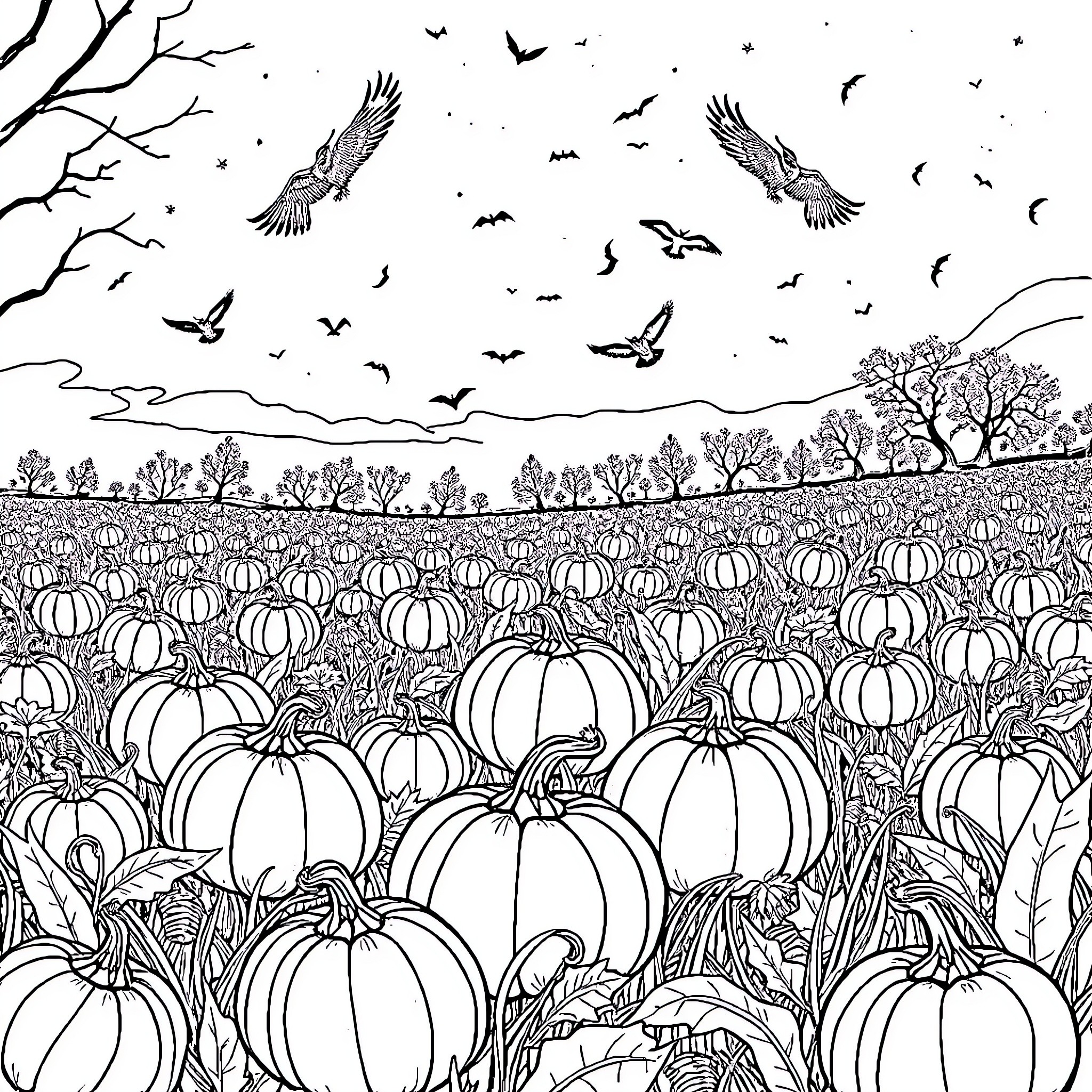 Pumpkin Patch Autumn Landscape with Soaring Birds Coloring Page (free black-and-white line drawing printable PDF for all, from beginners to advanced learners, including children, teens, adults, and seniors)