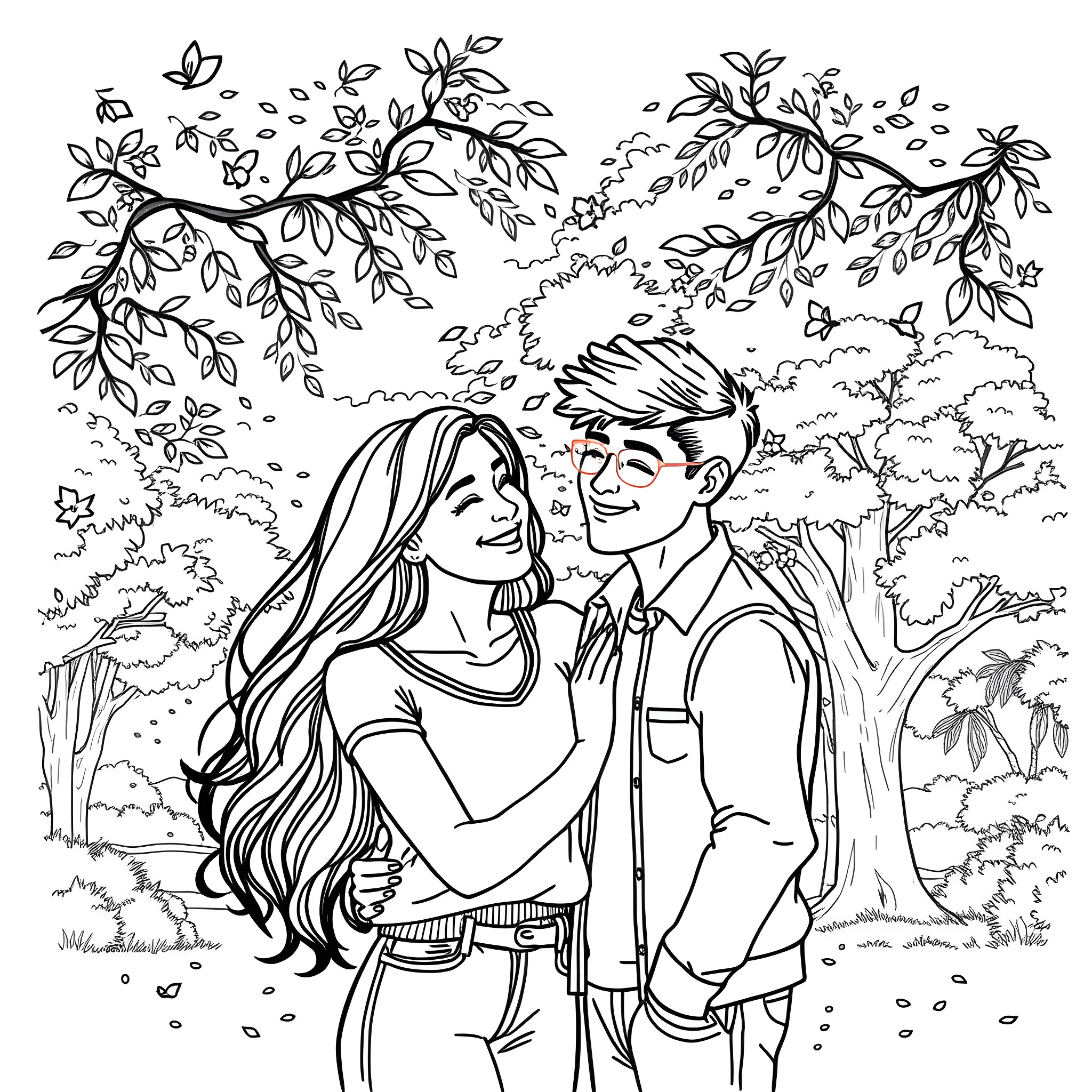 Dude and Dudette explore the lush nature together Coloring Page (free black-and-white line drawing printable PDF for all, from beginners to advanced learners, including children, teens, adults, and seniors)