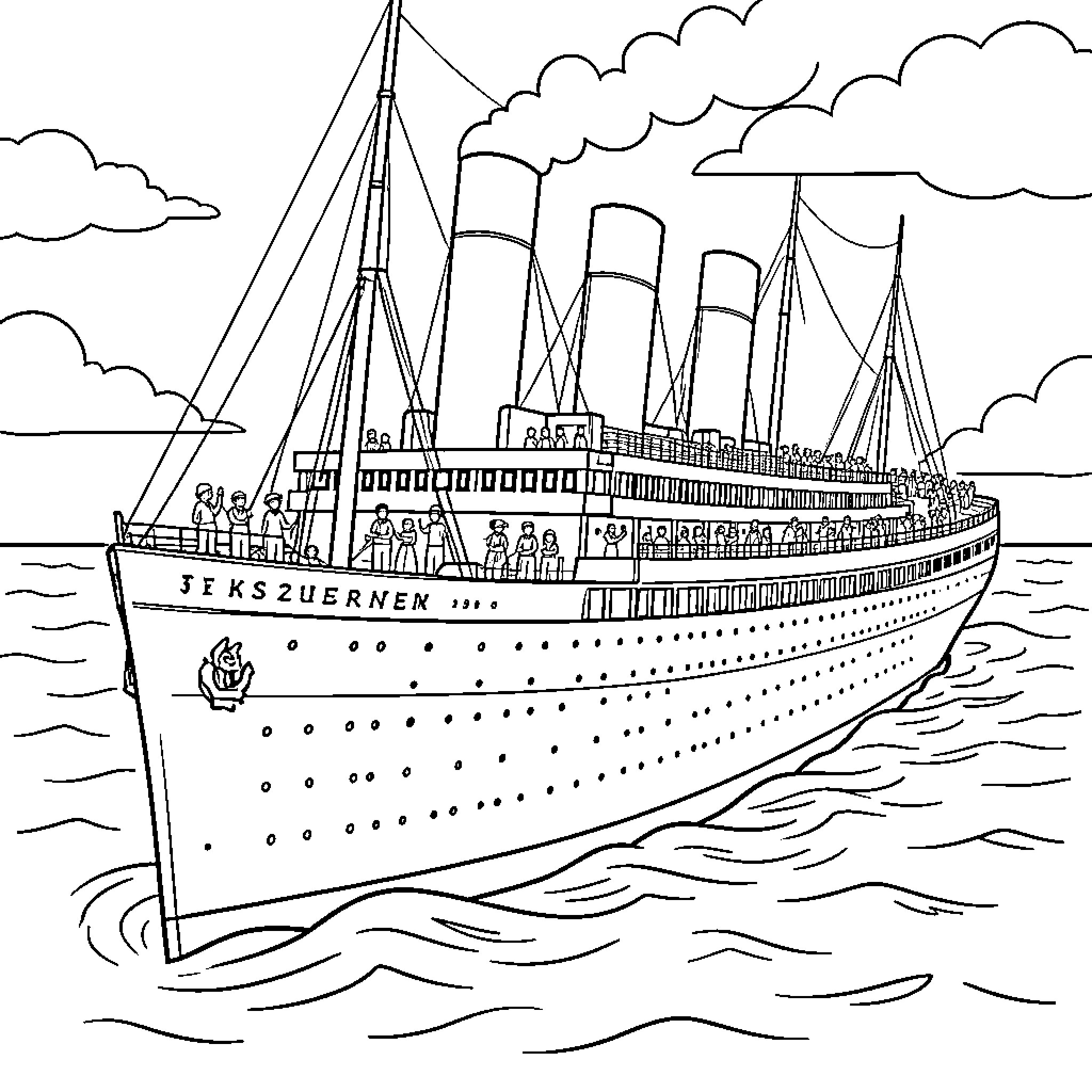 Titanic sailing majestically across the ocean waves Coloring Page (free black-and-white line drawing printable PDF for all, from beginners to advanced learners, including children, teens, adults, and seniors)