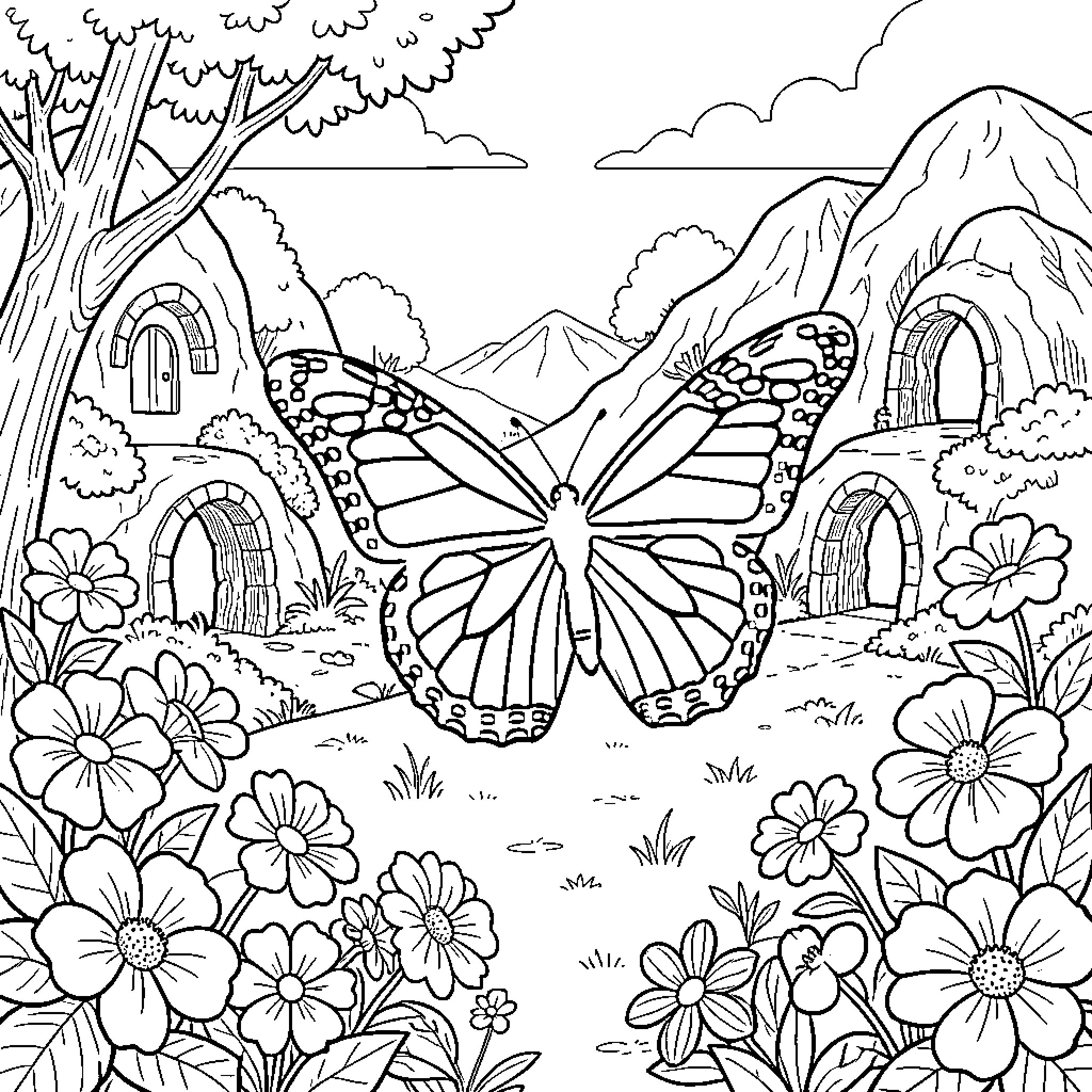 Monarch Butterfly in Vibrant Flower Garden Coloring Page (free black-and-white line drawing printable PDF for all, from beginners to advanced learners, including children, teens, adults, and seniors)