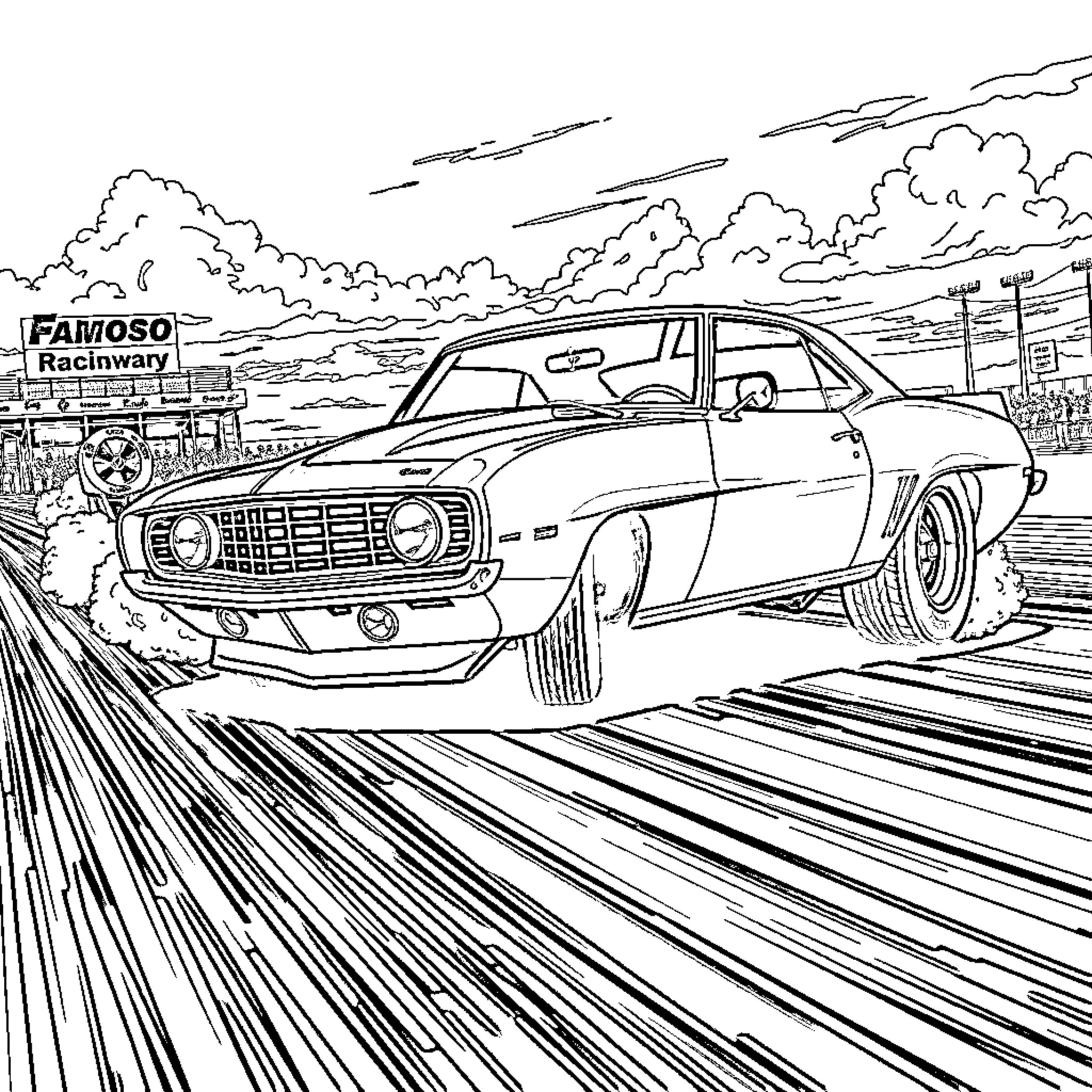 Camaro speeding through the racetrack Coloring Page (free black-and-white line drawing printable PDF for all, from beginners to advanced learners, including children, teens, adults, and seniors)