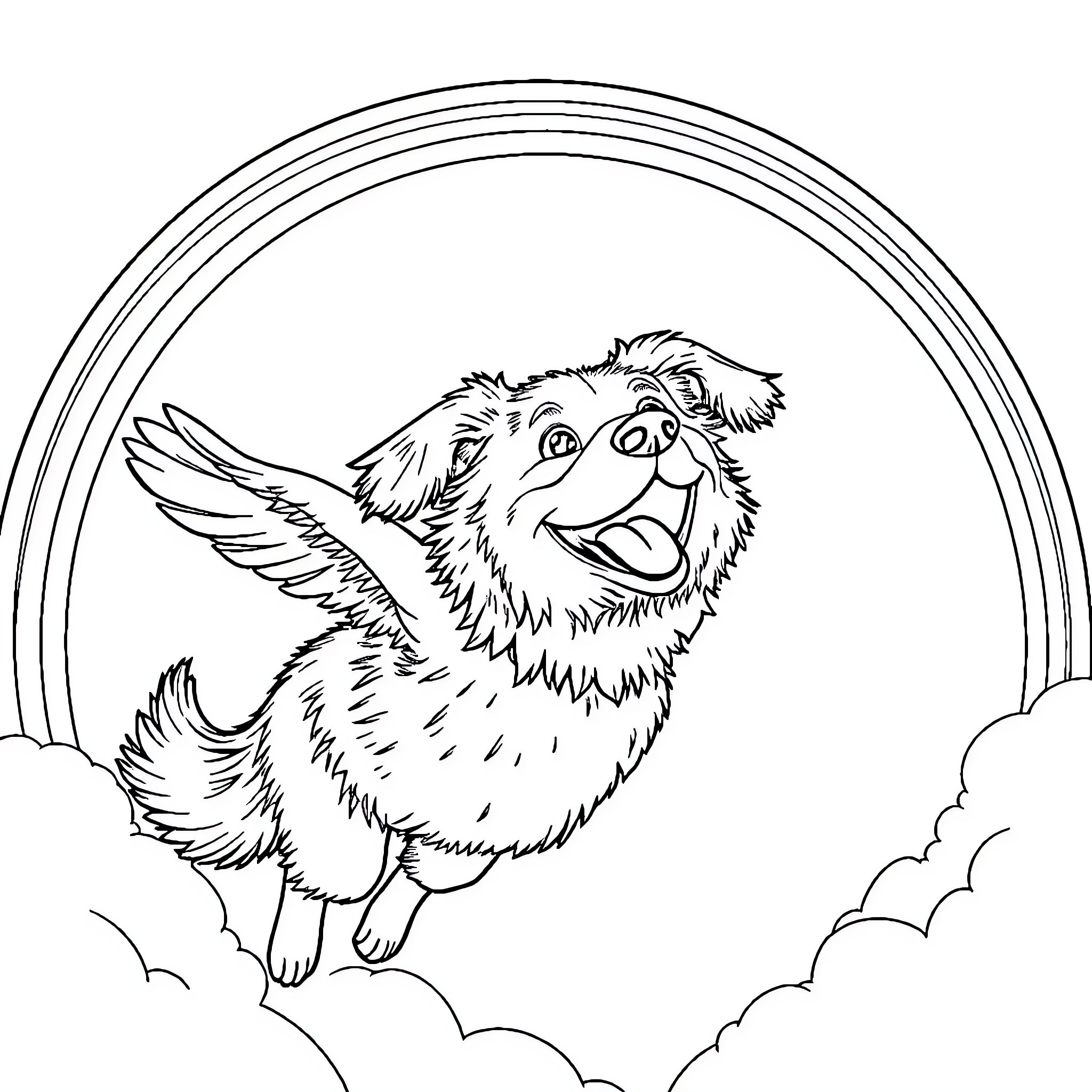 Dog Flying With Joy Under Rainbows Coloring Page (free black-and-white line drawing printable PDF for all, from beginners to advanced learners, including children, teens, adults, and seniors)