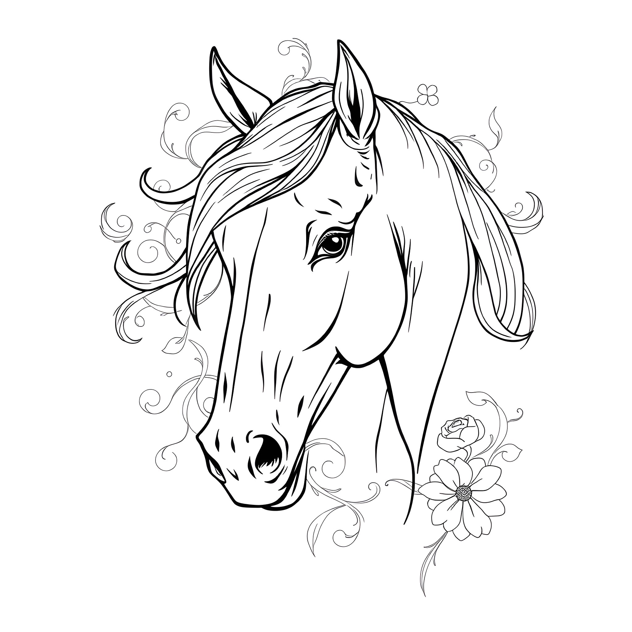 Horse with floral accents and flowing mane Coloring Page (free black-and-white line drawing printable PDF for all, from beginners to advanced learners, including children, teens, adults, and seniors)