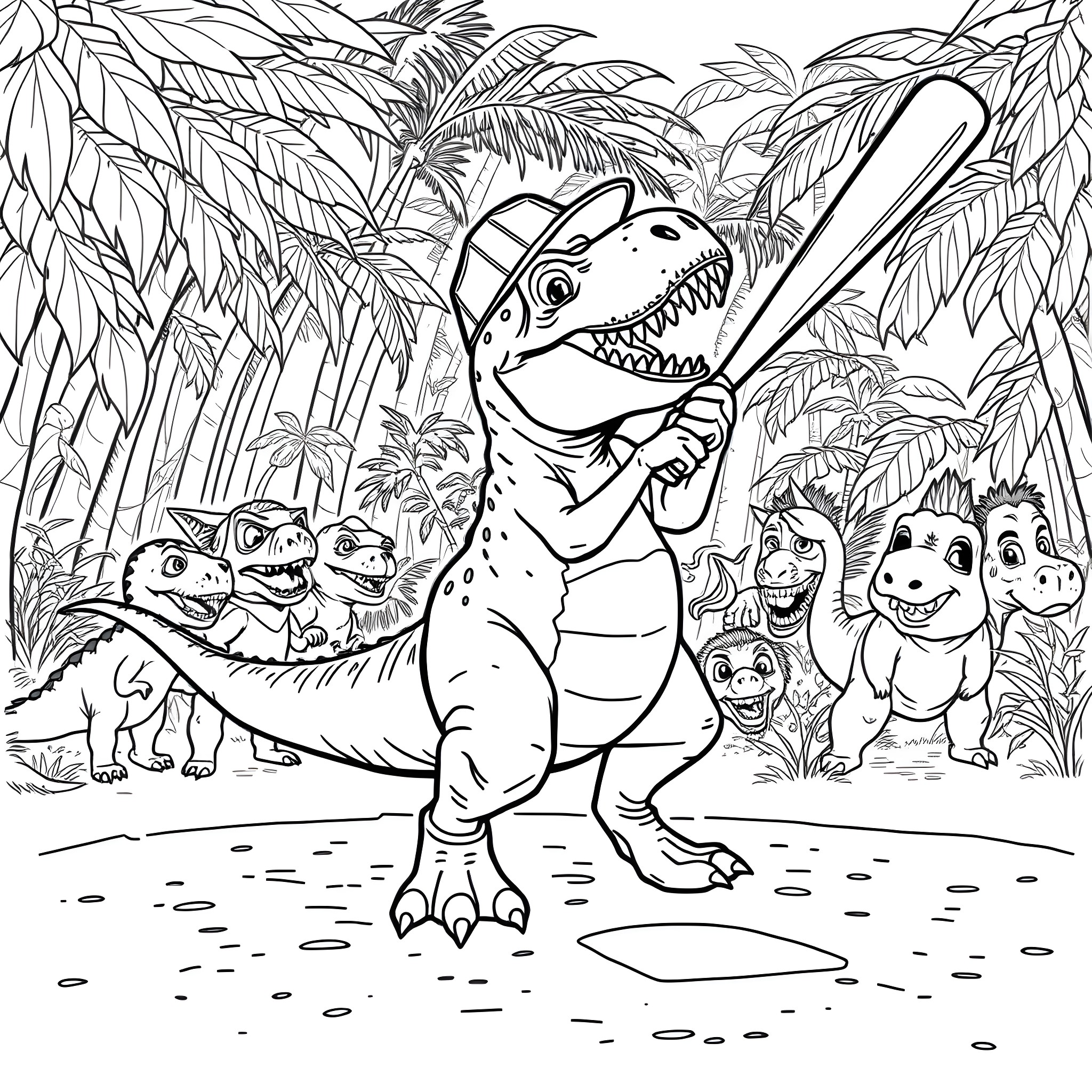 Tyrannosaurus dinosaurs in the jungle scene Coloring Page (free black-and-white line drawing printable PDF for all, from beginners to advanced learners, including children, teens, adults, and seniors)