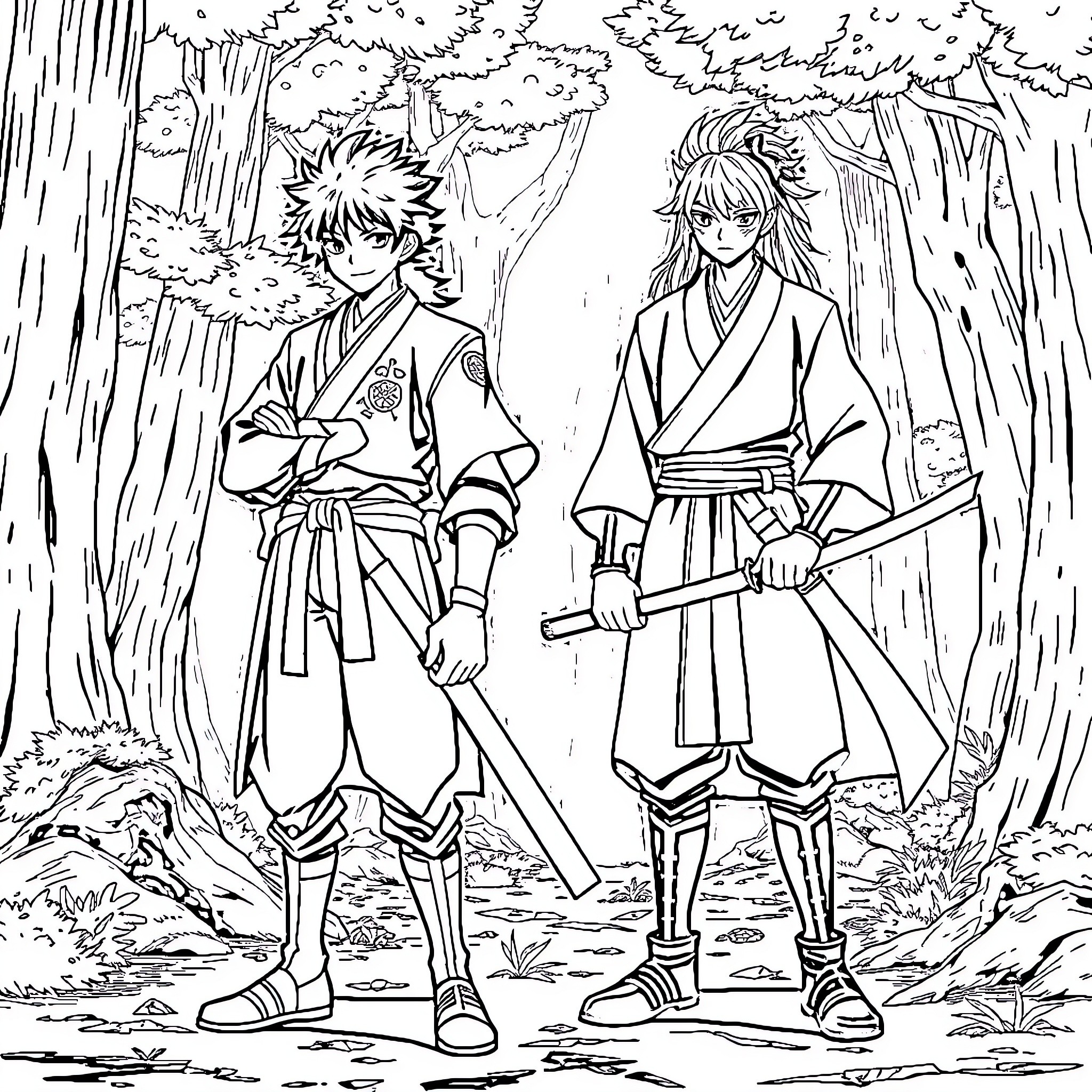 Tanjiro and Companion Traverse the Mystical Forest Coloring Page (free black-and-white line drawing printable PDF for all, from beginners to advanced learners, including children, teens, adults, and seniors)