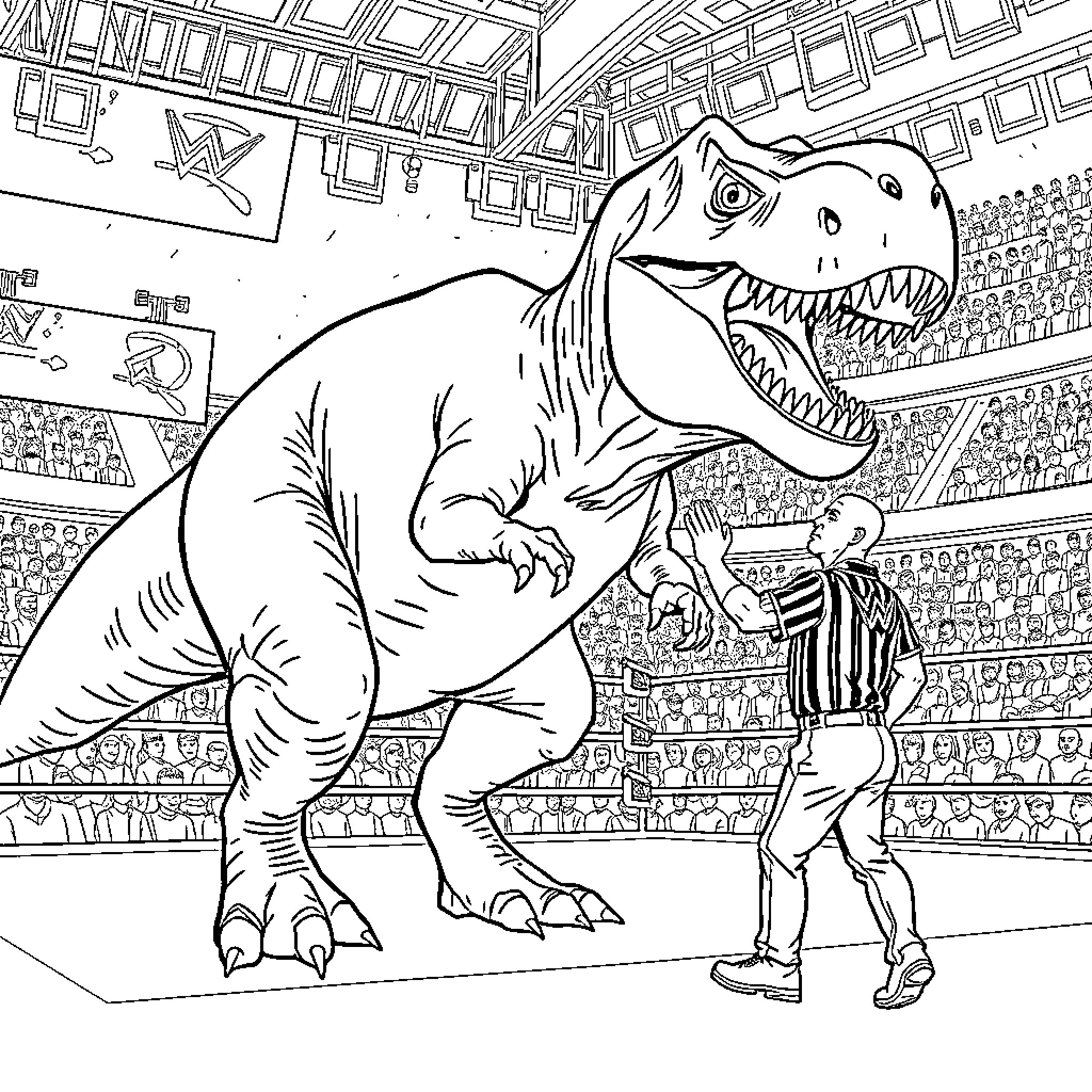 John Cena facing off against a giant dinosaur in a wrestling ring Coloring Page (free black-and-white line drawing printable PDF for all, from beginners to advanced learners, including children, teens, adults, and seniors)