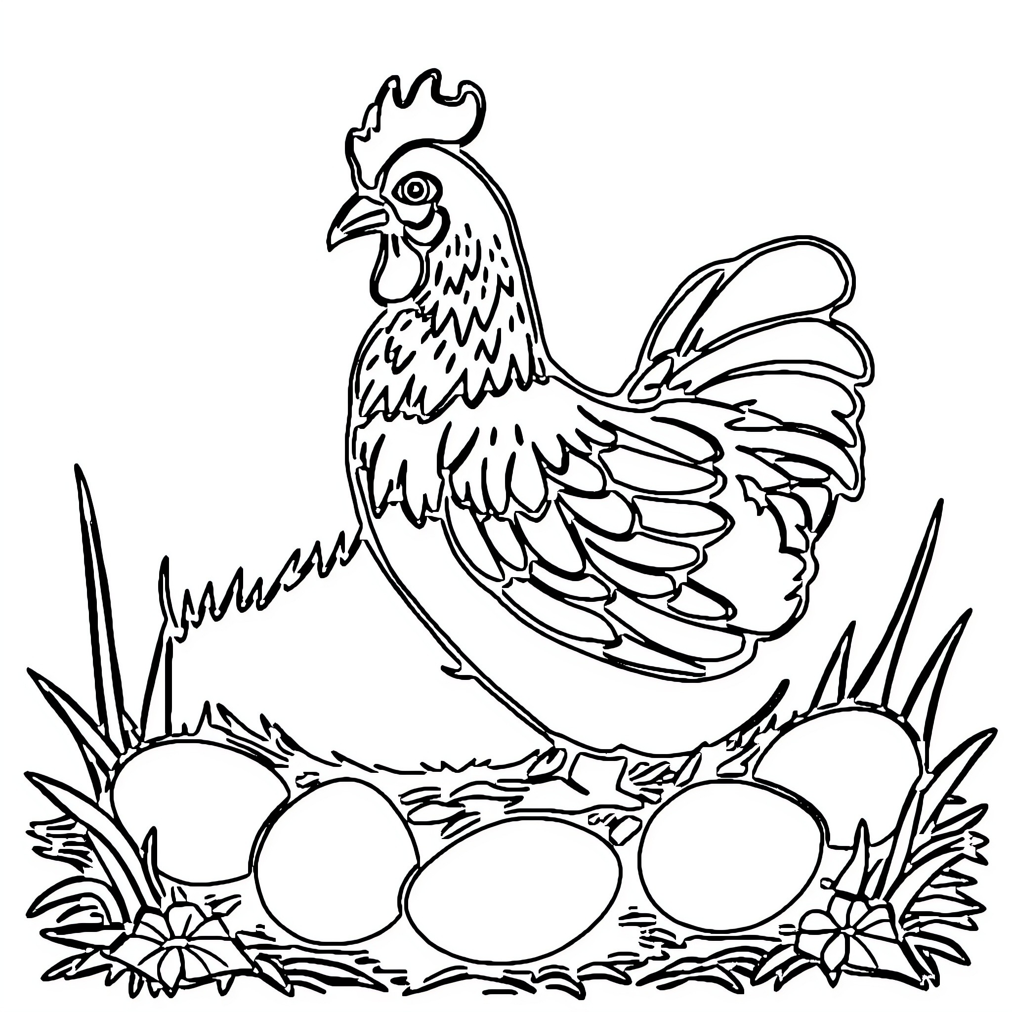 Chicken guarding its nest of eggs Coloring Page (free black-and-white line drawing printable PDF for all, from beginners to advanced learners, including children, teens, adults, and seniors)