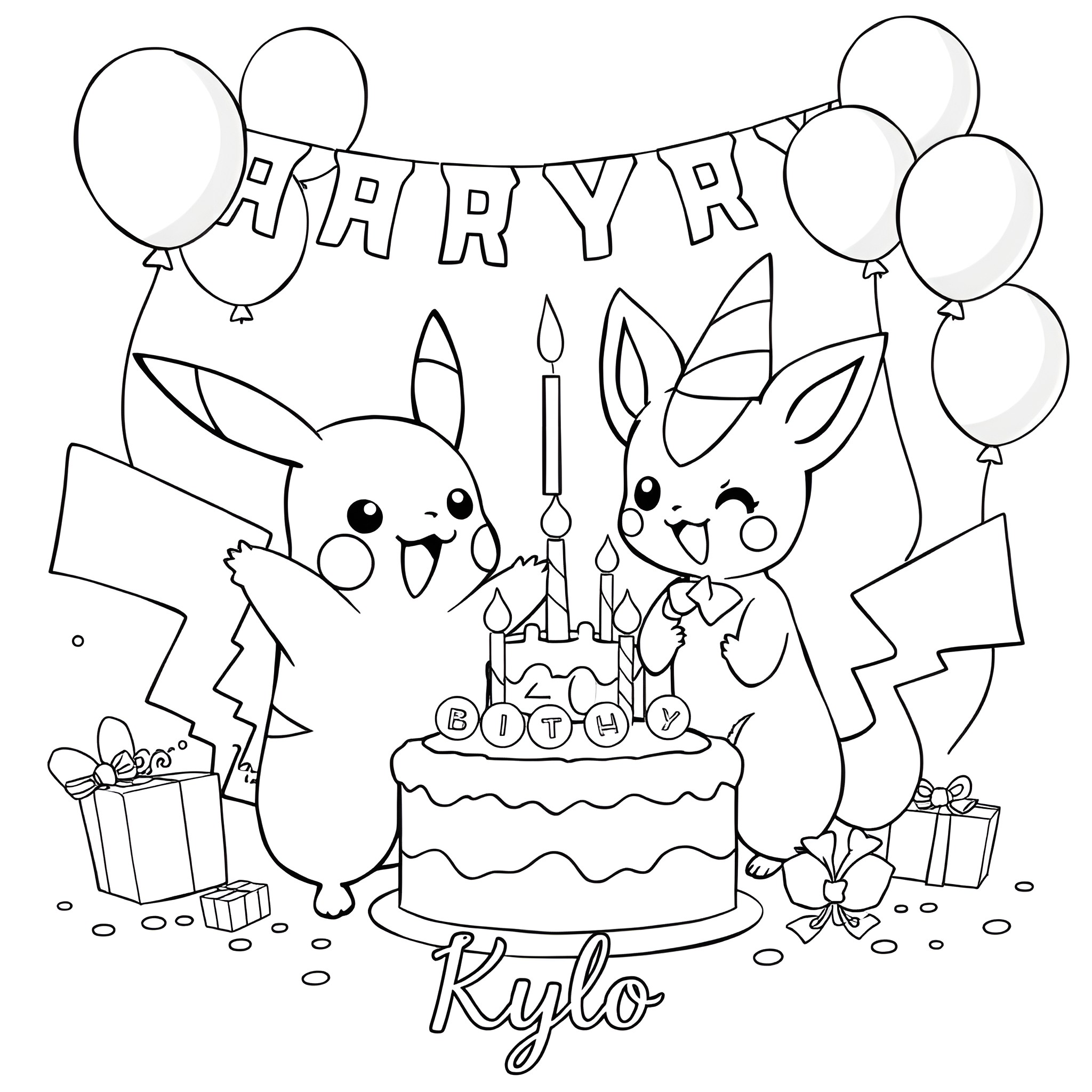 Pikachu and Bunny Celebrate Rylo's Birthday Coloring Page (free black-and-white line drawing printable PDF for all, from beginners to advanced learners, including children, teens, adults, and seniors)