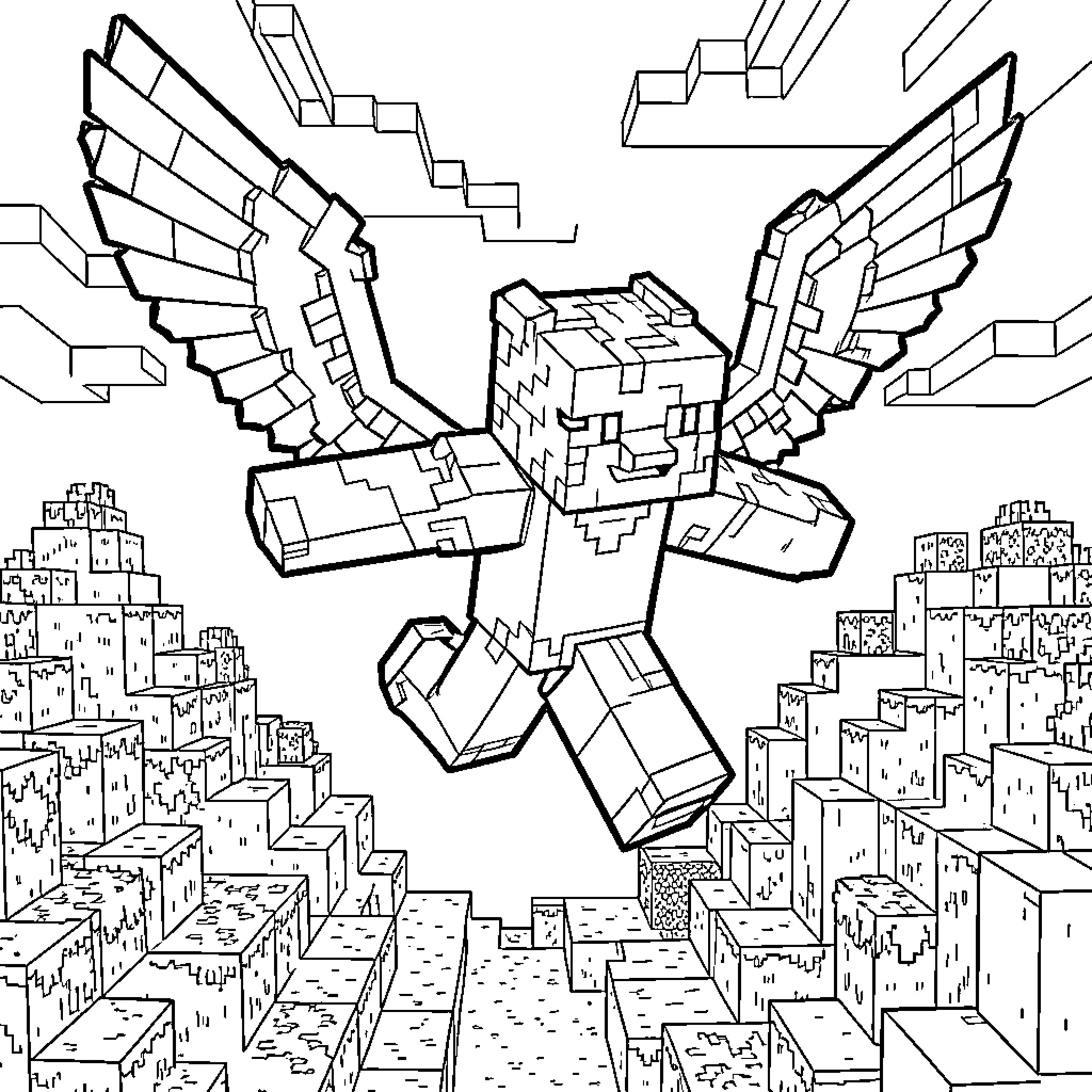 Enderdragon creature flying heroically over a blocky landscape Coloring Page (free black-and-white line drawing printable PDF for all, from beginners to advanced learners, including children, teens, adults, and seniors)