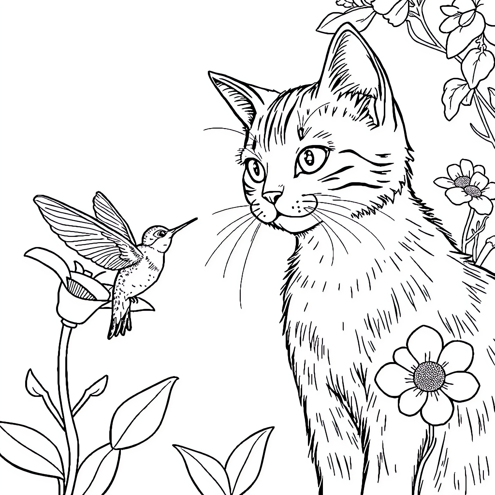 Cat observing curious hummingbird amidst flowers Coloring Page (free black-and-white line drawing printable PDF for all, from beginners to advanced learners, including children, teens, adults, and seniors)