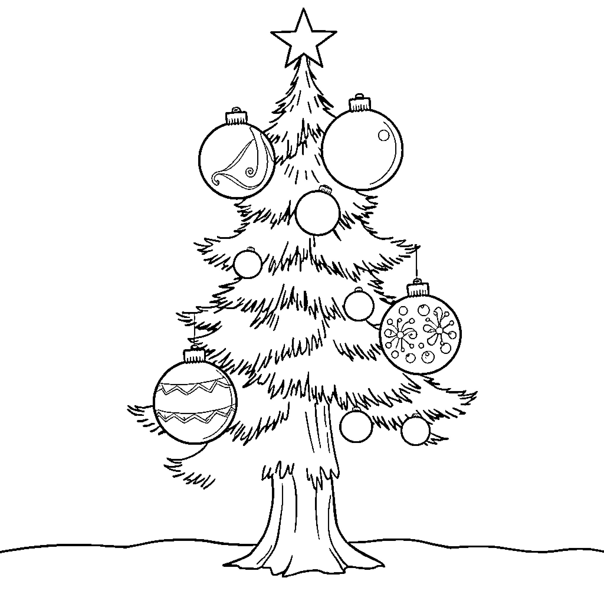 Christmas Tree Decorated with Ornaments and Star Coloring Page (free black-and-white line drawing printable PDF for all, from beginners to advanced learners, including children, teens, adults, and seniors)