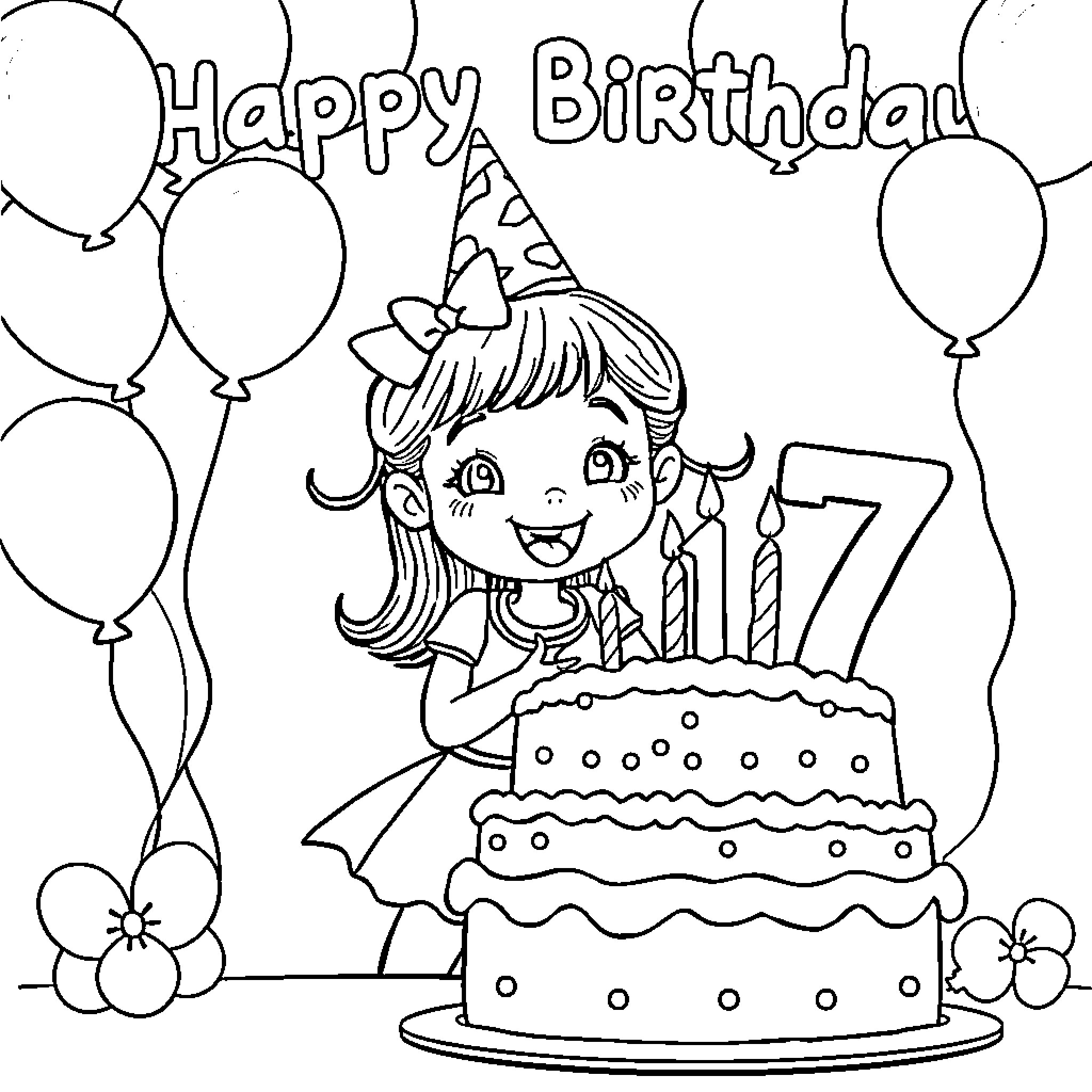Gloria's 17th Birthday Celebration with Cake and Balloons Coloring Page (free black-and-white line drawing printable PDF for all, from beginners to advanced learners, including children, teens, adults, and seniors)