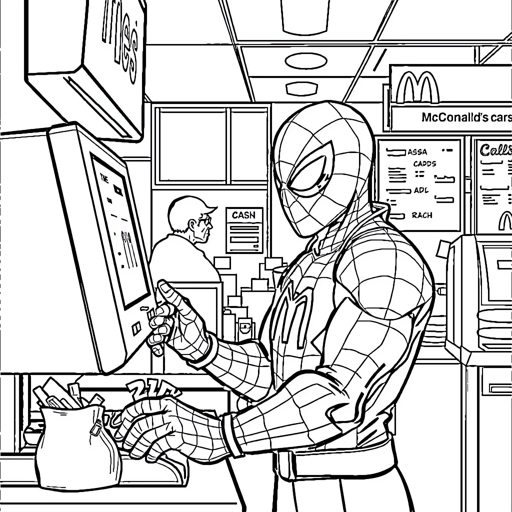 Spiderman assisting a civilian at a convenience store Coloring Page (free black-and-white line drawing printable PDF for all, from beginners to advanced learners, including children, teens, adults, and seniors)