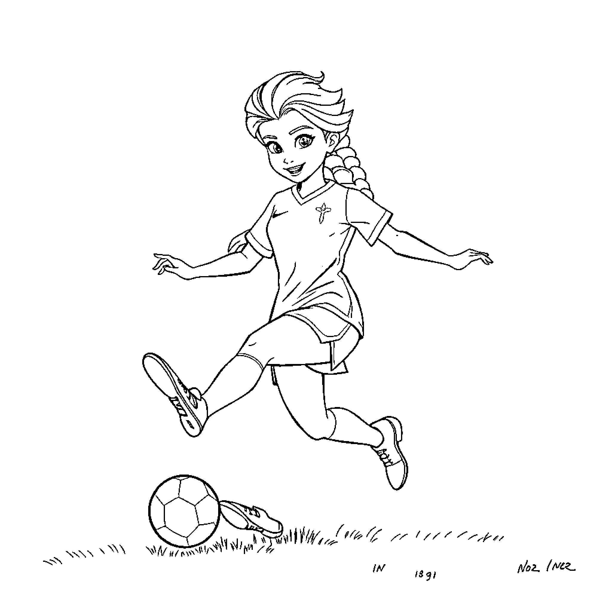 Elsa playing happily with soccer ball Coloring Page (free black-and-white line drawing printable PDF for all, from beginners to advanced learners, including children, teens, adults, and seniors)