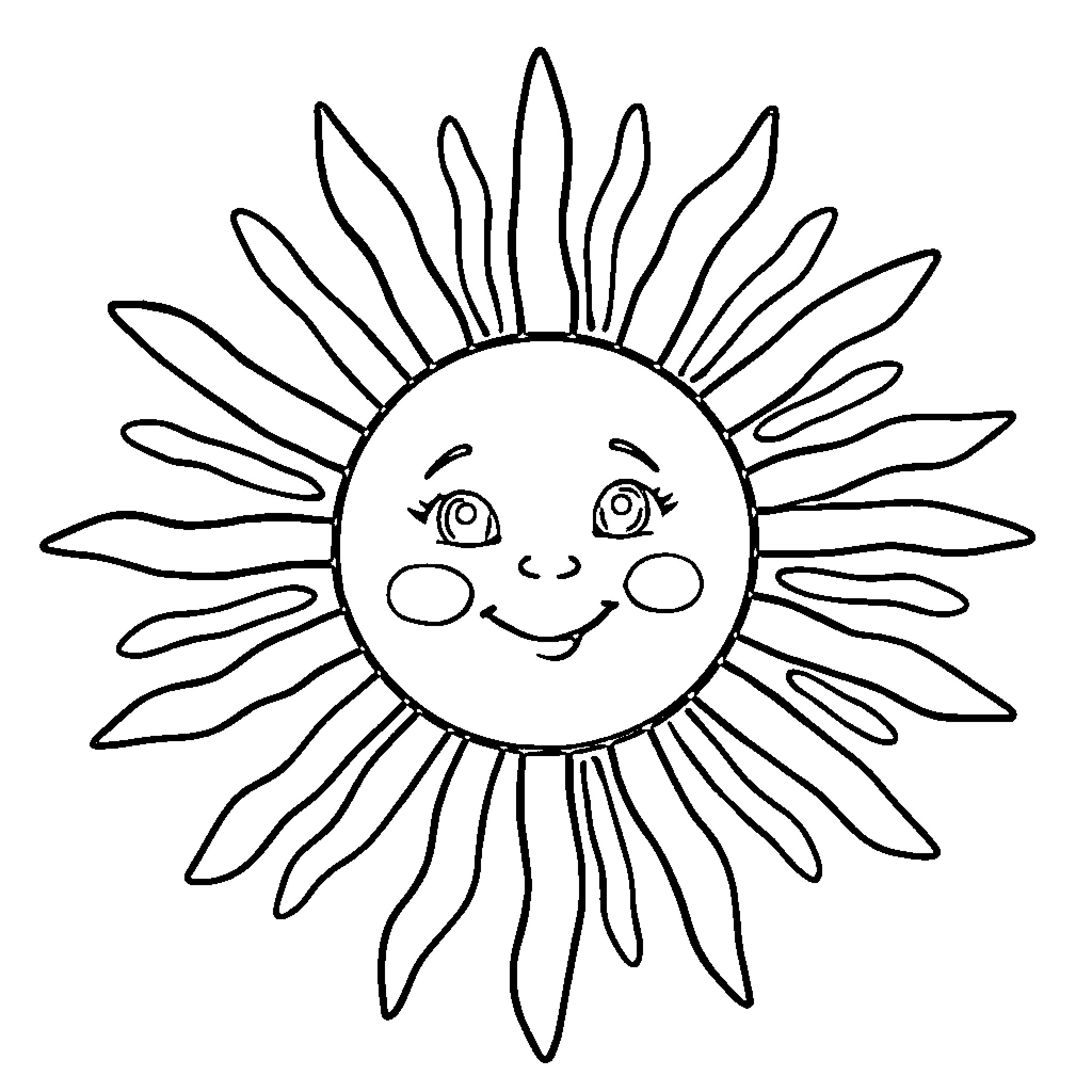 Sun shining brightly with a cheerful expression Coloring Page (free black-and-white line drawing printable PDF for all, from beginners to advanced learners, including children, teens, adults, and seniors)