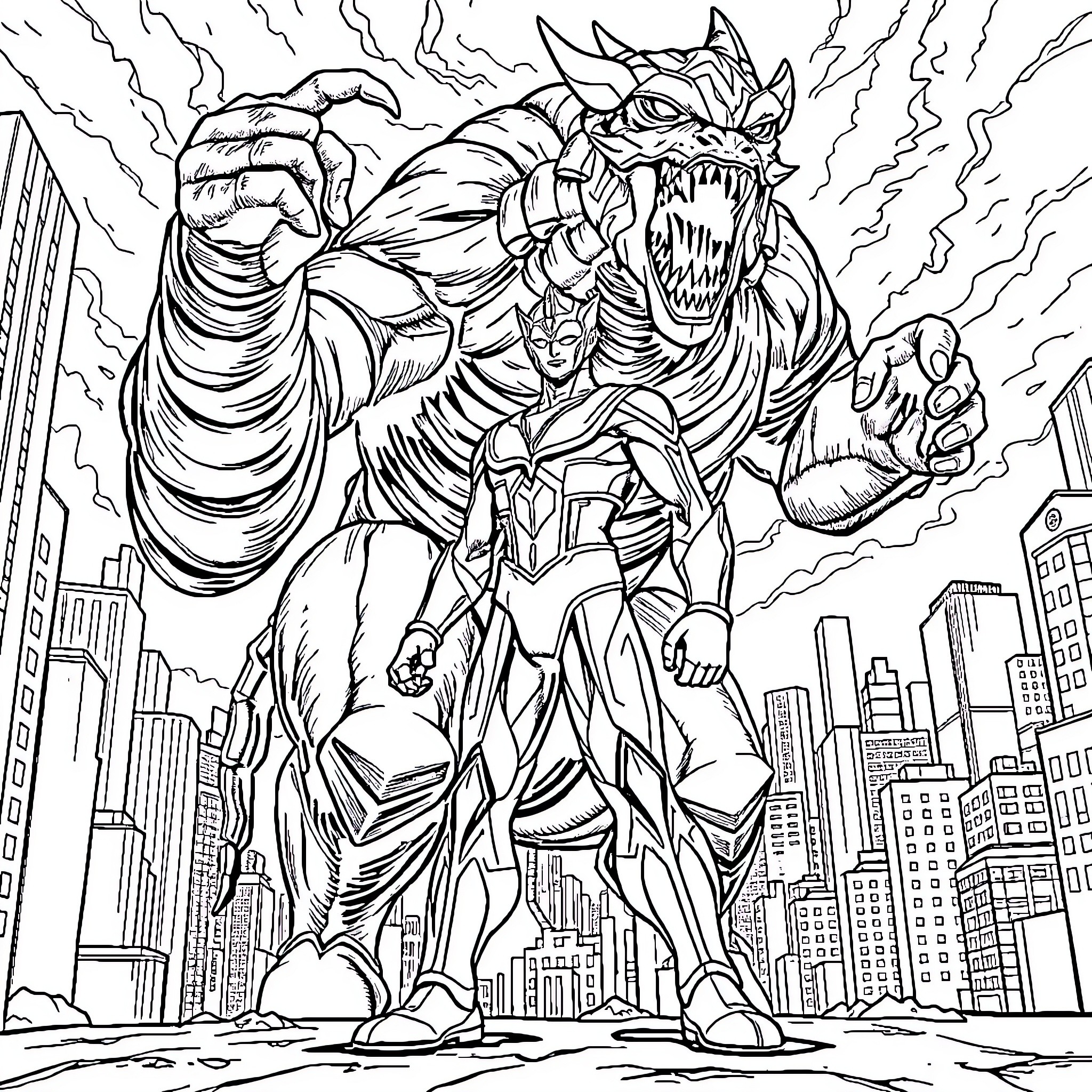 Ultraman battles monstrous foe in city skyline Coloring Page (free black-and-white line drawing printable PDF for all, from beginners to advanced learners, including children, teens, adults, and seniors)
