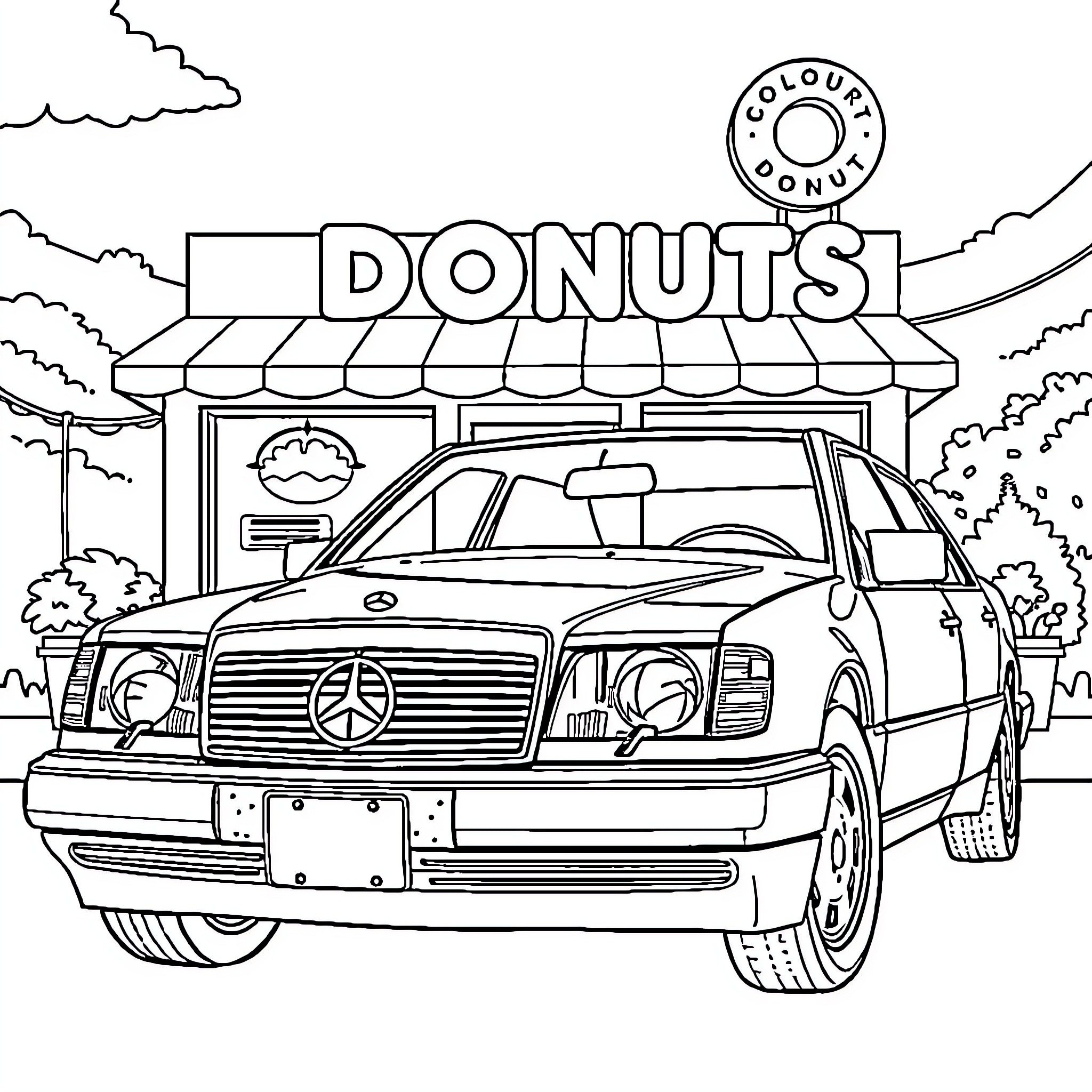 Mercedes-Benz parked at a Donuts shop Coloring Page (free black-and-white line drawing printable PDF for all, from beginners to advanced learners, including children, teens, adults, and seniors)
