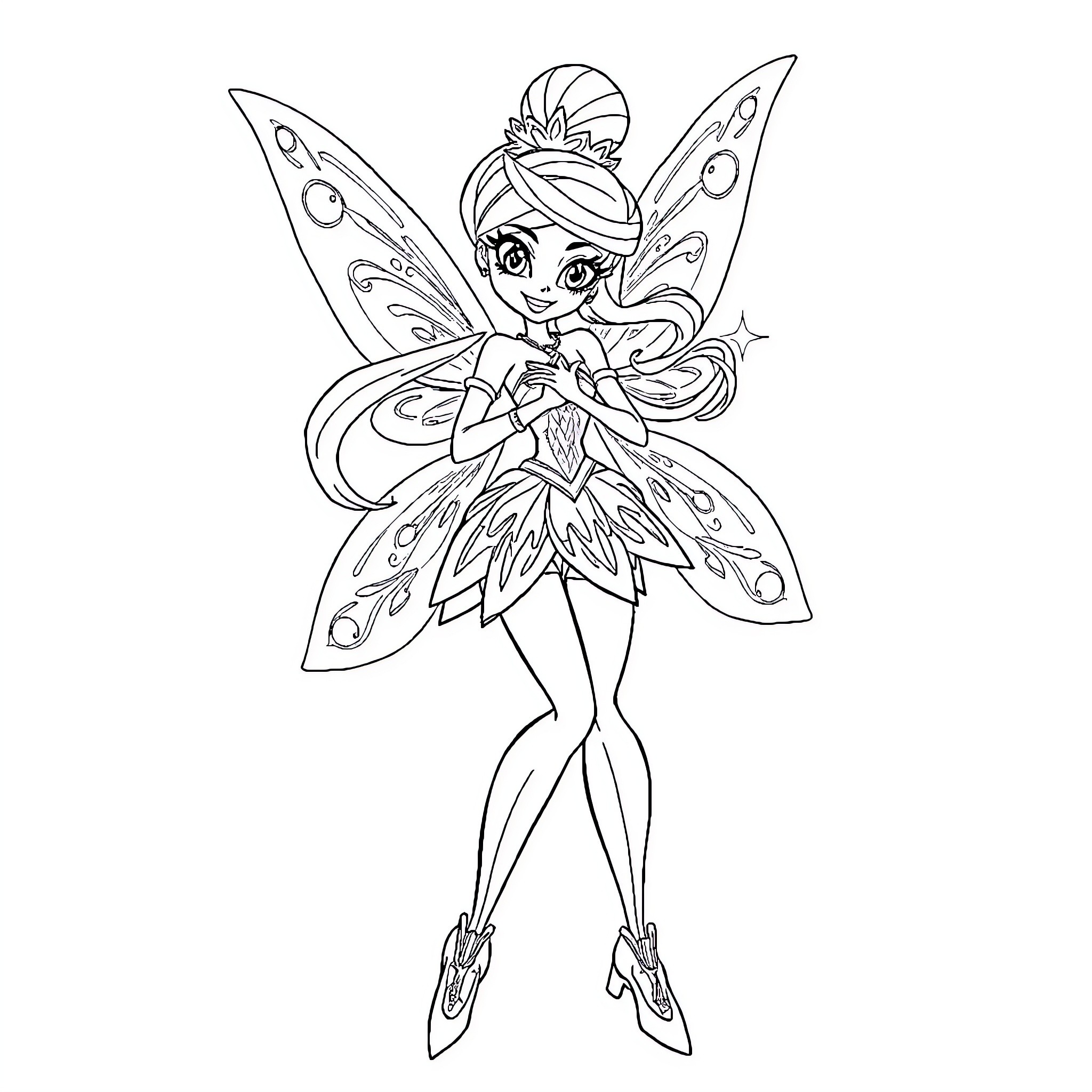 Stella's Enchanting Fairy Illustration Coloring Page (free black-and-white line drawing printable PDF for all, from beginners to advanced learners, including children, teens, adults, and seniors)