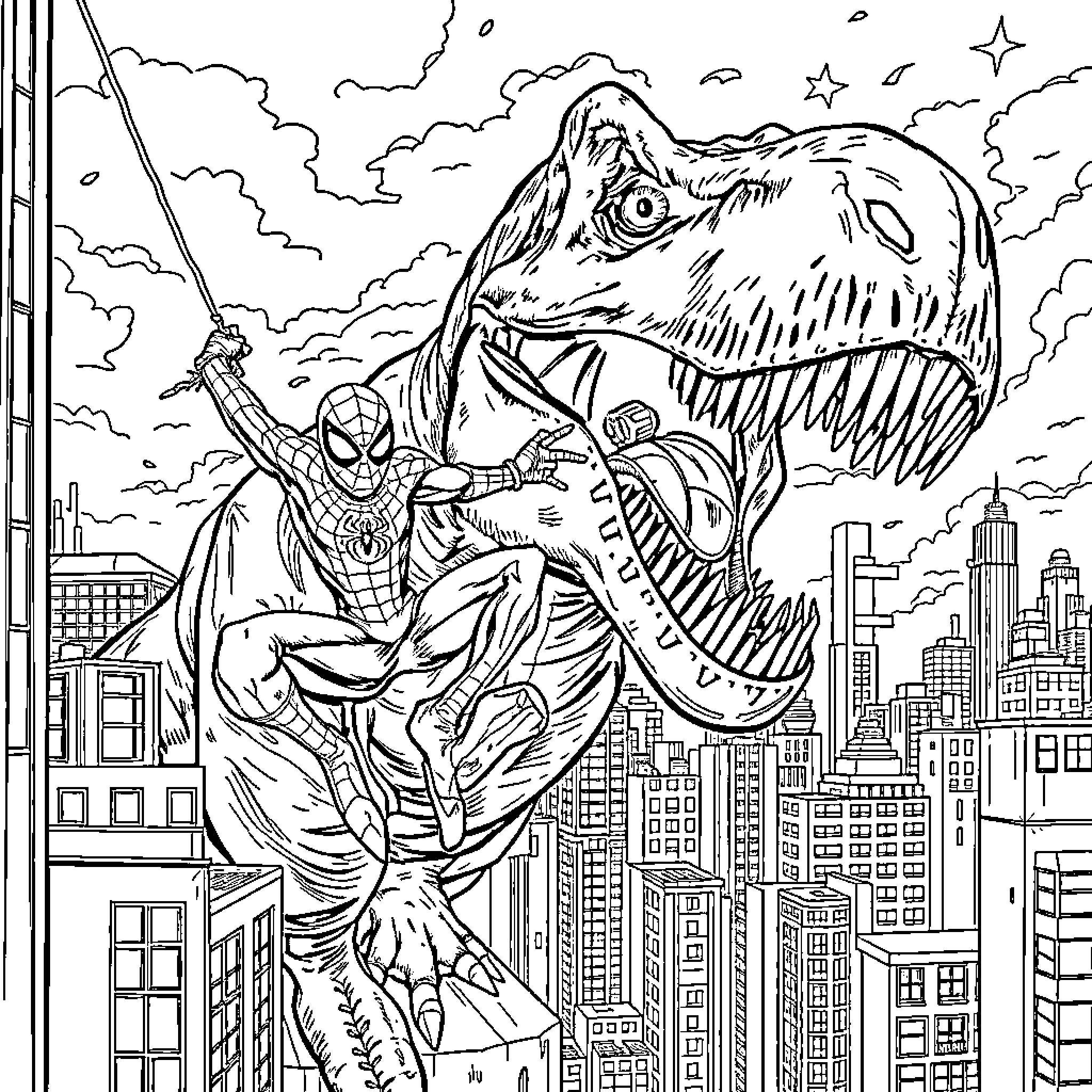 Spiderman battling a giant dinosaur in the city Coloring Page (free black-and-white line drawing printable PDF for all, from beginners to advanced learners, including children, teens, adults, and seniors)