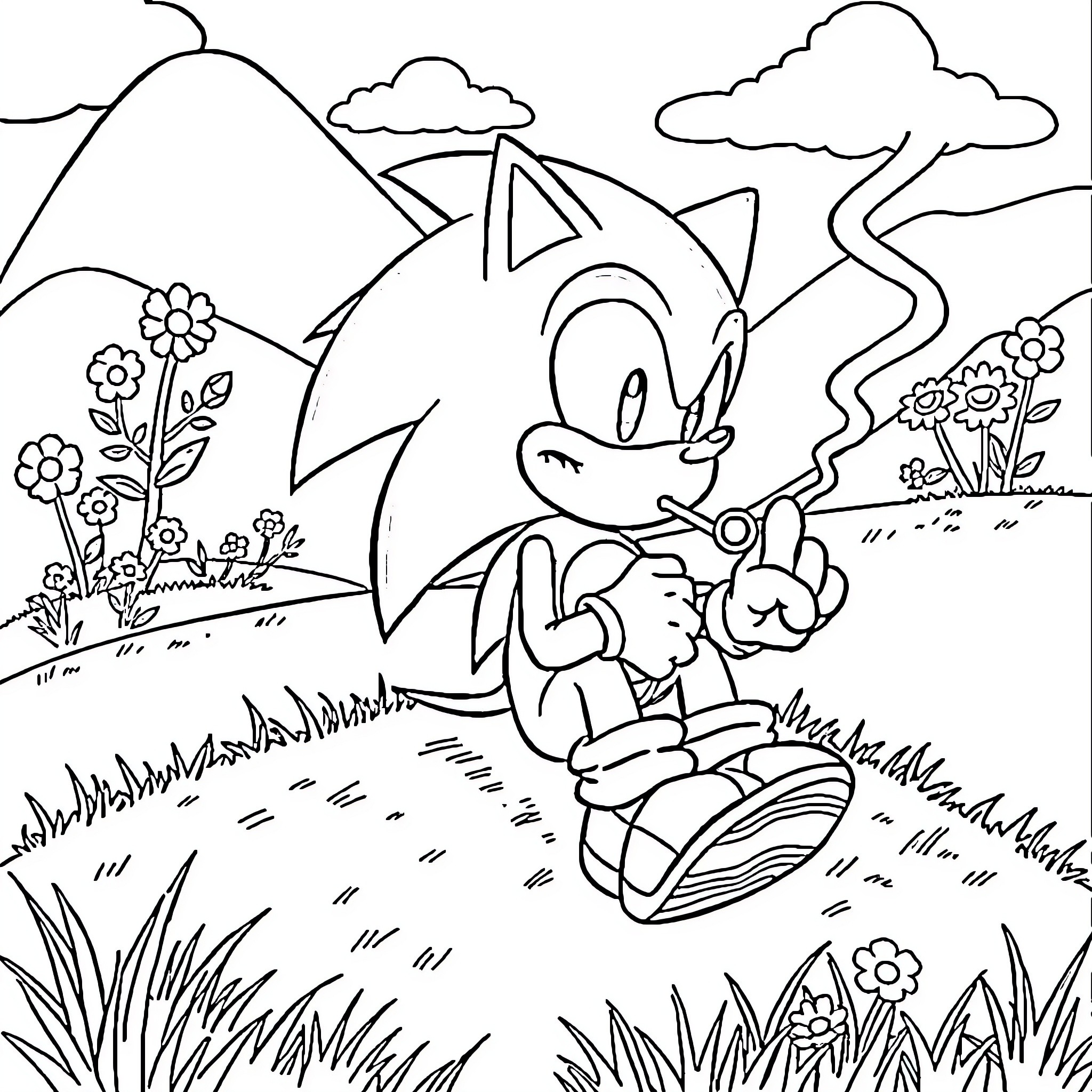 Sonic riding on a hoverboard through a flowery meadow Coloring Page (free black-and-white line drawing printable PDF for all, from beginners to advanced learners, including children, teens, adults, and seniors)
