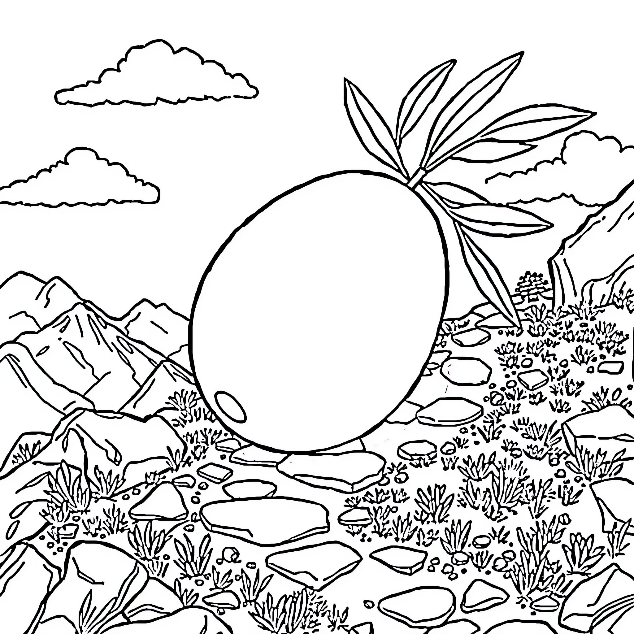 Olive's Peaceful Mountain Landscape Coloring Page (free black-and-white line drawing printable PDF for all, from beginners to advanced learners, including children, teens, adults, and seniors)