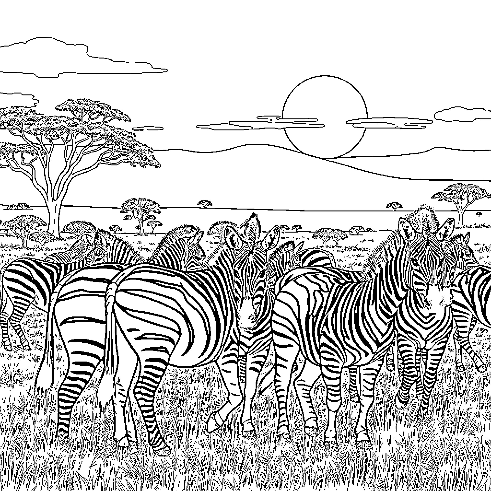 Löwe in the Serengeti: Zebras grazing under the sunset Coloring Page (free black-and-white line drawing printable PDF for all, from beginners to advanced learners, including children, teens, adults, and seniors)