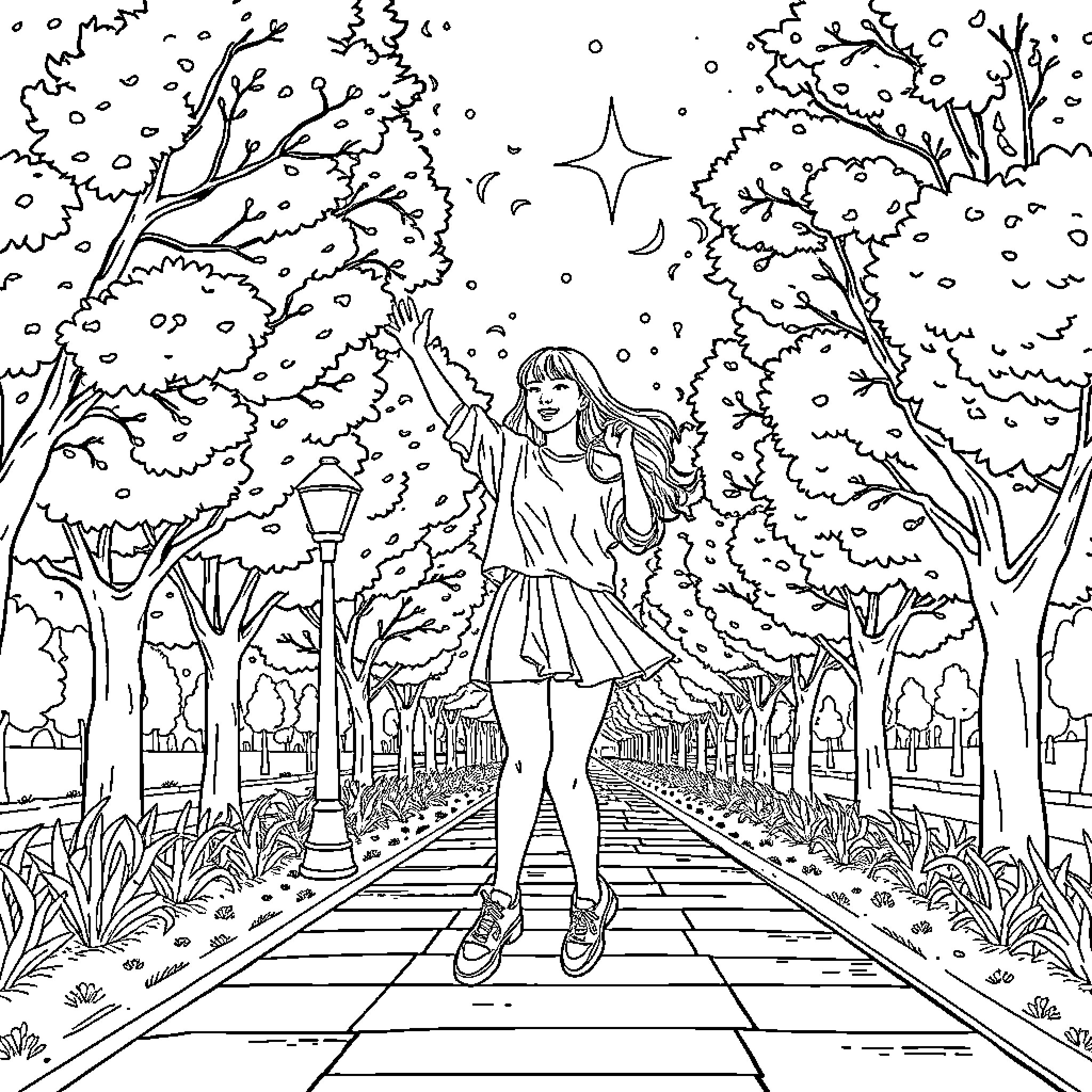 Rumi's Enchanted Winter Stroll Coloring Page (free black-and-white line drawing printable PDF for all, from beginners to advanced learners, including children, teens, adults, and seniors)