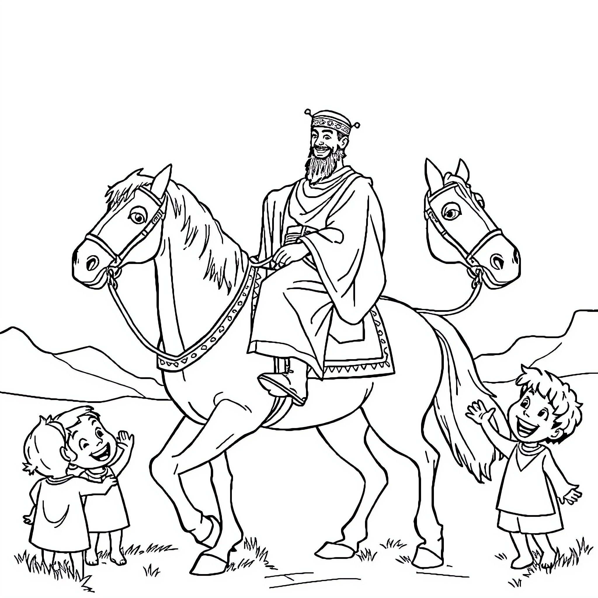 King on Horseback with Joyful Children Coloring Page (free black-and-white line drawing printable PDF for all, from beginners to advanced learners, including children, teens, adults, and seniors)
